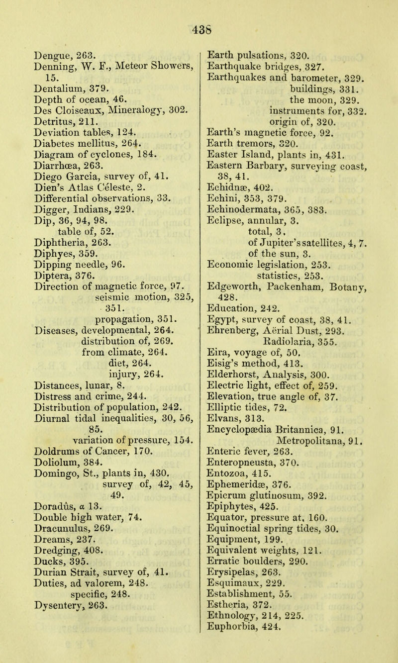 Dengue, 263. Denning, W. F., Meteor Showers, 15. Dentalium, 379. Depth of ocean, 46. Des Cloiseaux, Mineralogy, 302. Detritus, 211. Deviation tables, 124. Diabetes mellitus, 264. Diagram of cyclones, 184. Diarrhoea, 263. Diego Garcia, survey of, 41. Dien's Atlas Celeste, 2. Differential observations, 33. Digger, Indians, 229. Dip, 36, 94, 98. table of, 52. Diphtheria, 263. Diphyes, 359. Dipping needle, 96. Diptera, 376. Direction of magnetic force, 97. seismic motion, 325, 351. propagation, 351. Diseases, developmental, 264. distribution of, 269. from climate, 264. diet, 264. injury, 264. Distances, lunar, 8. Distress and crime, 244. Distribution of population, 242. Diurnal tidal inequalities, 30, 56, 85. variation of pressure, 154. Doldrums of Cancer, 170. Doliolum, 384. Domingo, St., plants in, 430. survey of, 42, 45, 49. Doradus, a 13. Double high water, 74. Dracunulus, 269. Dreams, 237. Dredging, 408. Ducks, 395. Durian Strait, survey of, 41. Duties, ad valorem, 248. specific, 248. Dysentery, 263. Earth pulsations, 320. Earthquake bridges, 327. Earthquakes and barometer, 329. buildings, 331. the moon, 329. instruments for, 332. origin of, 320. Earth's magnetic force, 92. Earth tremors, 320. Easter Island, plants in, 431. Eastern Barbary, surveving coast, 38,41. Echidnse, 402. Echini, 353, 379. Echinodermata, 365, 383. Eclipse, annular, 3. total, 3. of Jupiter's satellites, 4, 7. of the sun, 3. Economic legislation, 253. statistics, 253. Edgeworth, Packenham, Botany, 428. Education, 242. Egypt, survey of coast, 38, 41. Ehrenberg, Aerial Dust, 293. EadioJaria, 355. Eira, voyage of, 50. Eisig's method, 413. Elderhorst, Analysis, 300. Electric light, effect of, 259. Elevation, true angle of, 37. Elliptic tides, 72. Elvans, 313. Encyclopaedia Britannica, 91. Metropolitana, 91. Enteric fever, 263. Enteropneusta, 370. Entozoa, 415. Ephemeridse, 376. Epicrum glutinosum, 392. Epiphytes, 425. Equator, pressure at, 160. Equinoctial spring tides, 30. Equipment, 199. Equivalent weights, 121. Erratic boulders, 290. Erysipelas, 263. Esquimaux, 229. Establishment, 55. Estheria, 372. Ethnology, 214, 225. Euphorbia, 424.