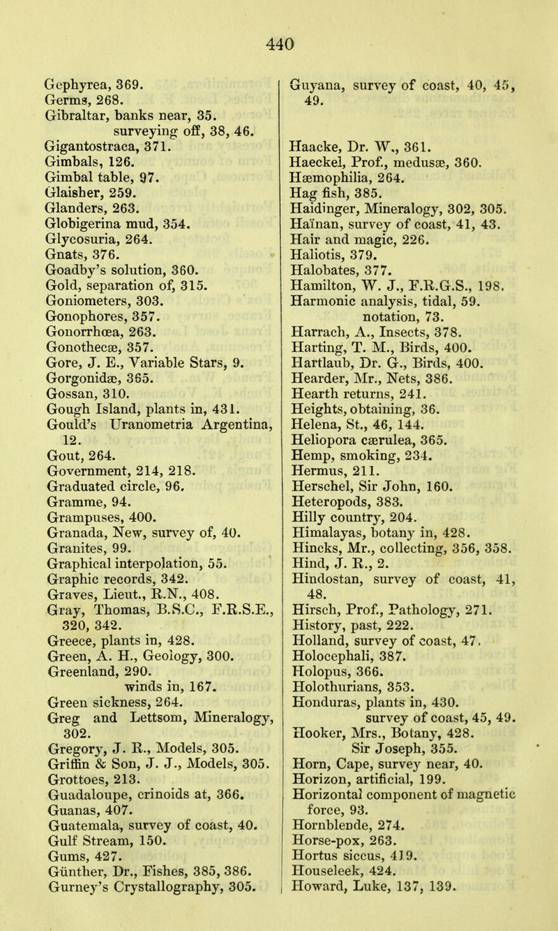 Gephyrea, 369. Germs, 268. Gibraltar, banks near, 35. surveying off, 38, 46. Gigantostraca, 371. Gimbals, 126. Gimbal table, 97. Glaisher, 259. Glanders, 263. Globigerina mud, 354. Glycosuria, 264. Gnats, 376. Goadby's solution, 360. Gold, separation of, 315. Goniometers, 303. Gonophores, 357. Gonorrhoea, 263. Gonothecse, 357. Gore, J. E., Variable Stars, 9. Gorgonidgc, 365. Gossan, 310. Go ugh Island, plants in, 431. Gould's Uranometria Argentina, 12. Gout, 264. Government, 214, 218. Graduated circle, 96. Gramme, 94. Grampuses, 400. Granada, New, survey of, 40. Granites, 99. Graphical interpolation, 55. Graphic records, 342. Graves, Lieut., E.N., 408. Gray, Thomas, B.8.C., F.R.S.E., 320, 342. Greece, plants in, 428. Green, A. H., Geology, 300. Greenland, 290. winds in, 167. Green sickness, 264. Greg and Lettsom, Mineralogy, 302. Gregory, J. R., Models, 305. Griffin & Son, J. J., Models, 305. Grottoes, 213. Guadaloupe, crinoids at, 366. Guanas, 407. Guatemala, survey of coast, 40. Gulf Stream, 150. Gums, 427. Giinther, Dr., Fishes, 385, 386. Gurney's Crystallography, 305. Guyana, survey of coast, 40, 45, 49. Haacke, Dr. W,, 361. Haeckel, Prof., medusse, 360. Haemophilia, 264. Hag fish, 385. Haidinger, Mineralogy, 302, 305. Hainan, survey of coast, 41, 43. Hair and magic, 226. Haliotis, 379. Halobates, 377. Hamilton, W. J., F.R.G.S., 198. Harmonic analysis, tidal, 59. notation, 73. Harrach, A., Insects, 378. Harting, T. M., Birds, 400. Hartlaub, Dr. G., Birds, 400. Hearder, Mr., Nets, 386. Hearth returns, 241. Heights, obtaining, 36. Helena, St., 46, 144. Heliopora cserulea, 365. Hemp, smoking, 234. Hermus, 211. Herschel, Sir John, 160. Heteropods, 383. Hilly country, 204. Himalayas, botan}^ in, 428. Hincks, Mr., collecting, 356, 358. Hind, J. R., 2. Hindostan, survey of coast, 41, 48. Hirsch, Prof, Pathology, 271. History, past, 222. Holland, survey of coast, 47. Holocephali, 387. Holopus, 366. Holothurians, 353. Honduras, plants in, 430. survey of coast, 45, 49. Hooker, Mrs., Botany, 428. Sir Joseph, 355. Horn, Cape, survey near, 40. Horizon, artificial, 199. Horizontal component of magnetic force, 93. Hornblende, 274. Horse-pox, 263. Hortus siccus, 419. Houseleek, 424. Howard, Luke, 137, 139.
