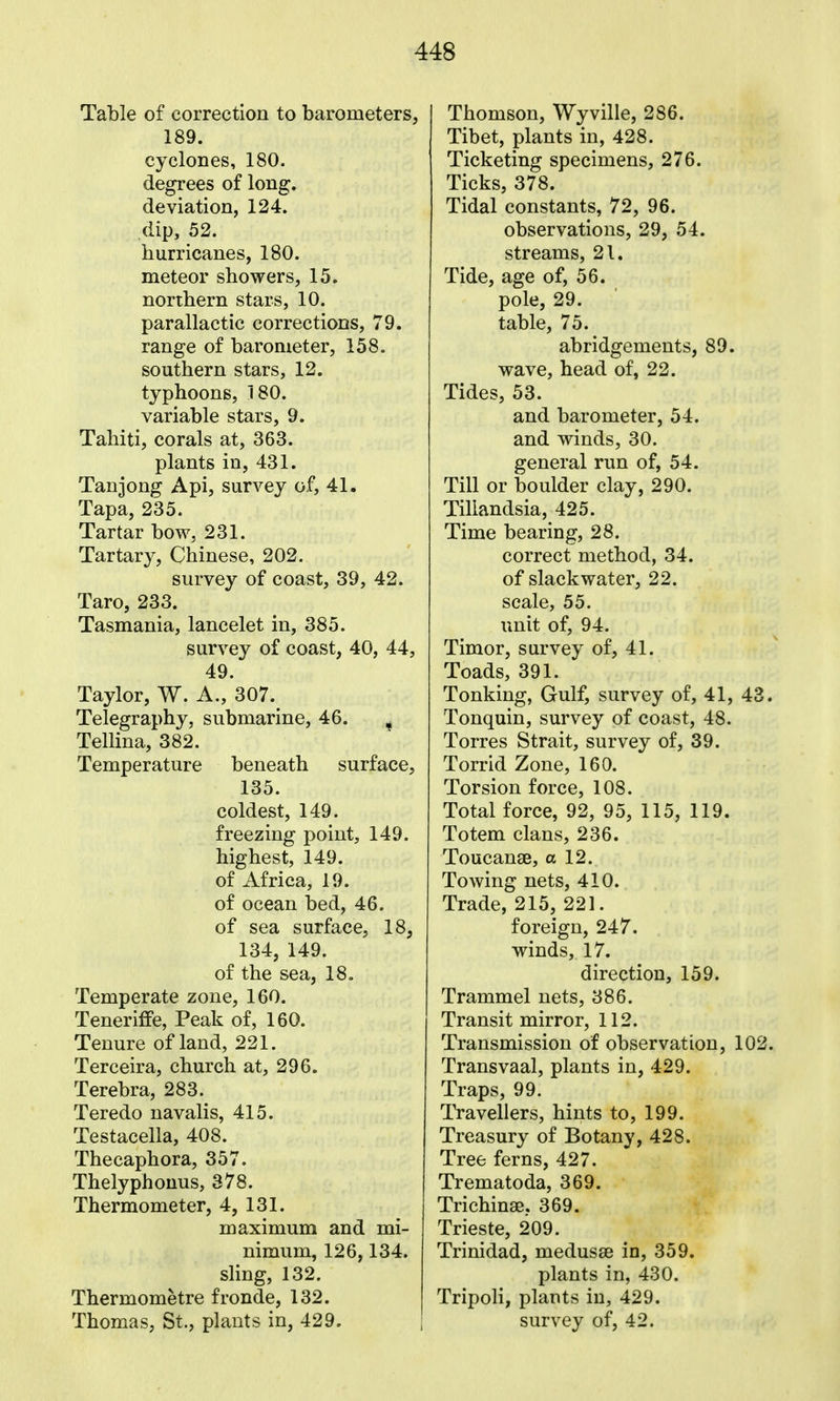 Table of correction to barometers, 189. cyclones, 180. degrees of long, deviation, 124. dip, 52. hurricanes, 180. meteor showers, 15. northern stars, 10. parallactic corrections, 79. range of barometer, 158. southern stars, 12. typhoons, 180. variable stars, 9. Tahiti, corals at, 363. plants in, 431. Tanjong Api, survey of, 41. Tapa, 235. Tartar bow, 231. Tartary, Chinese, 202. survey of coast, 39, 42. Taro, 233. Tasmania, lancelet in, 385. survey of coast, 40, 44, 49. Taylor, W. A., 307. Telegraphy, submarine, 46. , Tellina, 382. Temperature beneath surface, 135. coldest, 149. freezing point, 149. highest, 149. of Africa, 19. of ocean bed, 46. of sea surface, 18, 134, 149. of the sea, 18, Temperate zone, 160. Teneriffe, Peak of, 160. Tenure of land, 221. Terceira, church at, 296. Terebra, 283. Teredo navalis, 415. Testacella, 408. Thecaphora, 357. Thelyphouus, 378. Thermometer, 4, 131. maximum and mi- nimum, 126,134. sling, 132. Thermometre fronde, 132. Thomas, St., plants in, 429. Thomson, Wyville, 286. Tibet, plants in, 428. Ticketing specimens, 276. Ticks, 378. Tidal constants, 72, 96. observations, 29, 54. streams, 21. Tide, age of, 56. pole, 29. table, 75. abridgements, 89. wave, head of, 22. Tides, 53. and barometer, 54. and winds, 30. general run of, 54. Till or boulder clay, 290. Tillandsia, 425. Time bearing, 28. correct method, 34. of slackwater, 22. scale, 55. unit of, 94. Timor, survey of, 41. Toads, 391. Tonking, Gulf, survey of, 41, 43. Tonquin, survey of coast, 48. Torres Strait, survey of, 39. Torrid Zone, 160. Torsion force, 108. Total force, 92, 95, 115, 119. Totem clans, 236. Toucanse, a 12. Towing nets, 410. Trade, 215, 221. foreign, 247. winds, 17. direction, 159. Trammel nets, 386. Transit mirror, 112. Transmission of observation, 102. Transvaal, plants in, 429. Traps, 99. Travellers, hints to, 199. Treasury of Botany, 428. Tree ferns, 427. Trematoda, 369. Trichinae, 369. Trieste, 209. Trinidad, medusae in, 359. plants in, 430. Tripoli, plants in, 429. survey of, 42.
