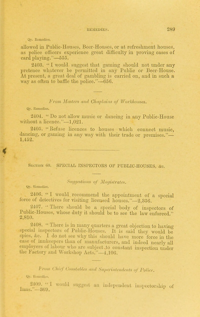 Qy. Kmodieti. allowed in Public-Houses, Beer-Houses, or at refreshment houses, as pohce officers experience great difficulty in proving cases of card playing.—555. 2403.  I would suggest that gaming should not under any pretence whatever be permitted in any Public or Beer-House. At present, a great deal of gambling is carried on, and in such a way as often to baffle the police.—656. From MfM^ters and Chuplniiis of Workhomes. Qy. Uemedies. 2404.  Do not allow music or dancing in any Public-House without a hcence.—1,021. 2405,  Eefase Hcences to houses which connect music, dancing, or gaming in any way with theii- trade or premises.— 1,452. Section- oO. SPECIAL INSPECTOES OF PUBLIC-HOUSES, &e. Siii/f/c'stioiis of 21f((/i.strale>i. tly. Itoniedics. 2406. I would. recommend the appointment of a special force of detectives for visiting licensed houses,—2,356. 2407. •' There should be a special body of inspectors of Pubhc-Houses, whose duty it should be to see the law enforced. 2,810. 2408.  There is in many quarters a great objection to having special inspectors of Public-Houses. It is said they would be spies, &c, I do not see why this should have more force in the case of innkeepers than of manufacturers, and indeed nearly all emj)loyers of labour who arc subject Jo constant inspection under the Factory and Workshop Acts,—4,106. I'mill I'liirf ('mt.sliihlra ami Sii/ii'.ri.iilriiilriits <if I'olicf. Qy. II<:iii>;<lit'H. 2401).  I would suggest an independent iuspectorshii. of liuis.—30U,