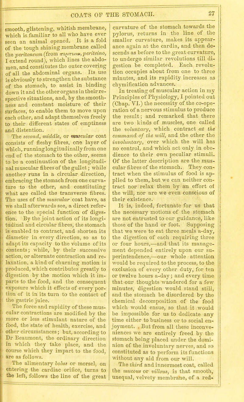 smooth, glistening, whitish membrane, which is familiar to all who have ever seen an animal opened. It is a fold of the tough shining membrane called the peritoneum (from ■;rs^iTuiia),pcriteino, i I extend round], which lines the abdo- men, and constitutes the outer covering of all the abdominal organs. Its use is obviously to strengthen the substance of the stomach, to assist in binding ' down it and the other organs in their re- ', spective situations, and, by the smooth- ness and constant moisture of their 1 surfaces, to enable them to move upon each other, and adapt themselves freely to their different states of emptiness and distention. The second, middle, or muscidar coat consists of fleshy fibres, one layer of which, running longitudinally from one end of the stomach to the other, seems to be a continuation of the longitudi- nal muscular fibres of the gullet; while another runs in a circular direction, embracing the stomach from one curva- ture to the other, and constituting what are called the transverse fibres. The uses of the muscidar coat have, as we shall afterwards see, a direct refer- ence to the special function of diges- I tion. By the joint action of its longi- li tudinal and circular fibres, the stomach ! is enabled to contract, and shorten its diameter in every direction, so as to adapt its capacity to the volume of its contents; while, by their successive action, or alternate contraction and re- laxation, a kind of churning motion is produced, which contributes greatly to digestion by the motion which it im- parts to the food, and the consequent exposure which it effects of every por- tion of it in its turn to the contact of the gastric juice. The force and rapidity of these mus- cular contractions are modified by the I more or less stimulant nature of the I food, the state of health, exercise, and other circumstances; but, according to ' Dr Beaumont, the ordinary direction ; in which they take place, and the course which they impart to the food, are as follows. The alimentary holus or morsel, on entering the cardiac orifice, turns to the left, follows the line of the great curvature of the stomach towards the pylorus, returns in the line of the smaller curvature, makes its appear- ance again at the cardia, and then de- scends as before to the great curvature, to undergo similar revolutions till di- gestion be completed. Each revolu- tion occupies about from one to three minutes, and its rapidity increases as chymification advances. In treating of muscular action in my Principles of Physiology, I pointed out (Chap. VI.) the necessity of the co-ope- ration of a nervous stimulus to produce the result; and remarked that there are two kinds of muscles, one called the voluntary, which contract at the command of the ivill, and the other the involuntary, over which the will has no control, and which act only in obe- dience to their own peculiar stimuli. Of the latter description are the mus- cular fibres of the stomach. They con- tract when the stimulus of food is ap- plied to them, but we can neither con- tract nor relax them by aii effort ol the wiU, nor are we even conscious of their existence. It is, indeed, fortunate for us that the necessary motions of the stomach are not entrusted to oar guidance, like those of the hand or foot. Supposing that we were to eat three meals a-day, the digestion of each requiring three or four hours,—and that its manage- ment depended entirely upon our su- perintendence,—our whole attention would be required to the process, to the exclusion of every other duty, for ten or twelve hours a-day; and every time that our thoughts wandered for a few minutes, digestion would stand stili, and the stomach be disordered by the chemical decomposition of the food which would ensue, so that it would be impossible for us to dedicate any time either to business or to social en- joyment. . But from all these inconve- niences we are entirely freed by the stomach being placed under the domi- nion of the involuntary nerves, and so constituted as to perform its functions without any aid from our will. The third and innermost coat, called the mucous or villous, is that smooth, unequal, velvety membrane, of a red-