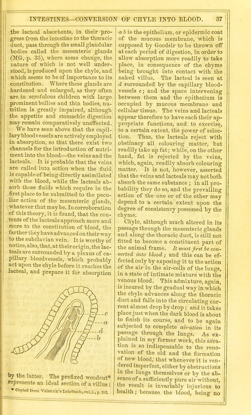 the lacteal absorbents, in their pro- gress from the intestine to the thoracic duct, pass through the small glandular bodies called the mesenteric glands (MGr, p. 35), where some change, the nature of which is not well under- stood, is produced upon the chyle, and . which seems to be of importance to its constitution. Where these glands are •iardened and enlarged, as they often are in scrofulous children with large . prominent bellies and thin bodies, nu- .trition is greatly impaired, although the appetite and stomachic digestion may remain comparatively unaffected. We have seen above that the capil- lary bloodvessels are actively employed in absorption, so that there exist two channels for the introduction of nutri- ment into the blood—the veins and the lacteals. It is probable that the veins are called into action when the fluid is capable of being directly assimilated with the blood, while the lacteals ab- sorb those fluids which require in the first place to be submitted to the pecu- liar action of the mesenteric glands, -.whatever that maybe. In corroboration of this theory, it is found, that the con- .-tents of the lacteals approach more and more to the constitution of blood, the farther they have advanced on their way 'to the subclavian vein. It is worthy of notice, also, that, at their origin, the lac- teals are surrounded by a plexus of ca- .piUary bloodvessels, which probably act upon the chyle before it reaches the lacteal, and prepare it for absorption by the latter. The prefixed woodcut* represents an ideal section of a villus: • Coplodtroin Volentili'sLchrbuch,ToI.l.,p.3S3. i a 6 is the epithelium, or epidermic coat of the mucous membrane, which is supposed by Goodsir to be thrown oflf at each period of digestion, in order to allow absorption more readily to take place, in consequence of the chyme being brought into contact with the naked villus. The lacteal is seen at d surrounded by the capillary blood- vessels c; and the space intervening between them and the epithelium is occupied by mucous membrane and cellular tissue. The veins and lacteals appear therefore to have each their ap- propriate functions, and to exercise, to a certain extent, the power of selec- tion. Thus, the lacteals reject with obstinacy all colouring matter, but readily take up fat; while, on the other hand, fat is rejected by the veins, which, again, readily absorb colouring matter. It is not, however, asserted that the veins and lacteals may not both absorb the same substance ; in all pro- bability they do so, and the prevailing action of the one or of the other may depend to a certain extent upon the degree of consistency possessed by the chyme. Chyle, although much altered in its passage through the mesenteric glands and along the thoracic duct, is still not fitted to become a constituent part of the animal frame. It must first he con- verted into blood ; and this can be ef- fected only by exposing it to the action of the air in the air-cells of the lungs, in a state of intimate mixture with the venous blood. This admixture, again, is insured by the gradual way in which the chyle advances along the thoracic duct and falls into the circulating cur- rent almost drop by drop; and it takes place just when the dark blood is about to finish its course, and to be again subjected to complete aeration in its passage through the lungs. As ex- plained in my former work, this aera- tion is so indispensable to the reno- vation of the old and the formation of new blood, that whenever it is ren- dered imperfect, either by obstructions in the lungs themselves or by the ab. sencG of a sufficiently pure air without, the result is invariably injurious to health ; because the blood, being no