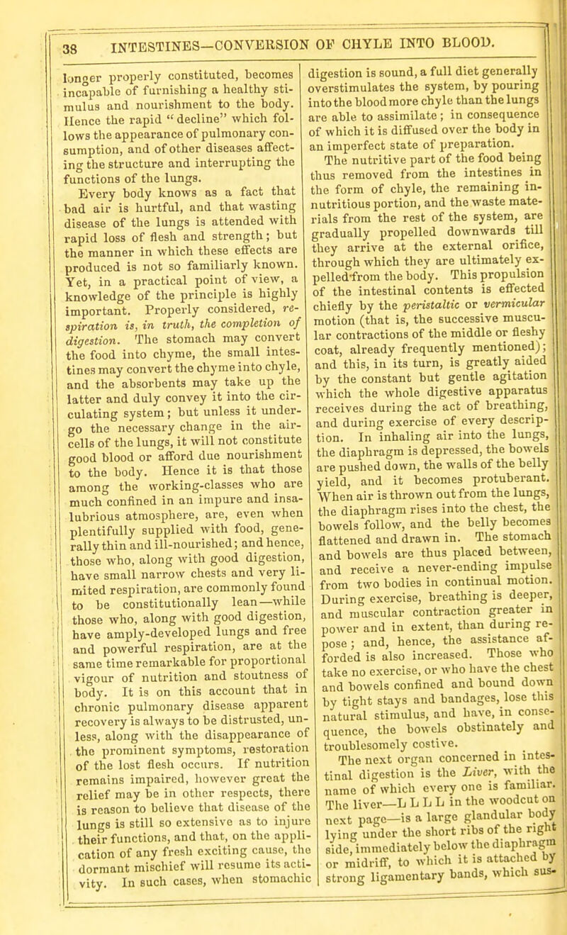 longer properly constituted, becomes incapable of furnishing a healthy sti- mulus and nourishment to the body. Hence the rapid  decline which fol- lows the appearance of pulmonary con- sumption, and of other diseases affect- ing the structure and interrupting the functions of the lungs. Every body knows as a fact that bad air is hurtful, and that wasting disease of the lungs is attended with rapid loss of flesh and strength; but the manner in which these effects are produced is not so familiarly known. Yet, in a practical point of view, a knowledge of the principle is highly important. Properly considered, re- spiration is, in truth, the completion of digestion. The stomach may convert the food into chyme, the small intes- tines may convert the chyme into chyle, and the absorbents may take up the latter and duly convey it into the cir- culating system; but unless it under- go the necessary change in the air- cells of the lungs, it will not constitute good blood or afford due nourishment to the body. Hence it is that those among the working-classes who are much confined in an impure and insa- lubrious atmosphere, are, even when plentifully supplied with food, gene- rally thin and ill-nourished; and hence, those who, along with good digestion, have small narrow chests and very li- mited respiration, are commonly found to be constitutionally lean—while those who, along with good digestion, have amply-developed lungs and free and powerful respiration, are at the same time remarkable for proportional vigour of nutrition and stoutness of body. It is on this account that in chronic pulmonary disease apparent recovery is always to be distrusted, un- less, along with the disappearance of the prominent symptoms, restoration of the lost flesh occurs. If nutrition remains impaired, however great the relief may be in other respects, there is reason to believe that disease of the lungs is still so extensive as to injure their functions, and that, on the appli- cation of any fresh exciting cause, the dormant mischief will resume its acti- vity. In such cases, when stomachic digestion is sound, a full diet generally overstimulates the system, by pouring into the blood more chyle than the lungs are able to assimilate ; in consequence of which it is diffused over the body in an imperfect state of preparation. The nutritive part of the food being thus removed from the intestines in the form of chyle, the remaining in- nutritious portion, and the waste mate- rials from the rest of the system, are gradually propelled downwards till they arrive at the external orifice, through which they are ultimately ex- pelled-from the body. This propulsion of the intestinal contents is effected chiefly by the peristaltic or vermicular i motion (that is, the successive muscu- lar contractions of the middle or fleshy coat, already frequently mentioned); and this, in its turn, is greatly aided by the constant but gentle agitation which the whole digestive apparatus receives during the act of breathing, and during exercise of every descrip- tion. In inhaling air into the lungs, the diaphragm is depressed, the bowels are pushed down, the walls of the belly yield, and it becomes protuberant. When air is thrown out from the lungs, the diaphragm rises into the chest, the bowels follow, and the belly becomes flattened and drawn in. The stomach and bowels are thus placed between, and receive a never-ending impulse from two bodies in continual motion. During exercise, breathing is deeper, and muscular contraction greater in power and in extent, than during re- pose ; and, hence, the assistance af- forded is also increased. Those who take no exercise, or who have the chest and bowels confined and bound down by tight stays and bandages, lose this natural stimulus, and have, in conse- quence, the bowels obstinately and troublcsomely costive. The next organ concerned in intes- tinal digestion is the Liver, with the name of which every one is familiar. The liver—L L L L in the woodcut on next page-is a large glandular body lying under the short ribs of the right side, immediately below the diaphragm or midriff, to wliich it is attached by strong ligamentary bands, which sus-