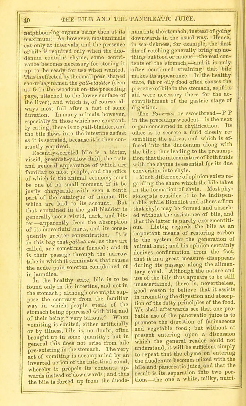 neighbouring organs being then at its maximum. As, however, most animals eat only at intervals, and the presence of bile is required only when the duo- denum contains chyme, some contri- vance becomes necessary for storing it up to be ready for use when wanted. This is effected by the smallpear-shaped sac or bag named the gall-bladder (seen at G in the woodcut on the preceding page, attached to the lower surface of the liver), and which is, of course, al- ways most full after a fast of some duration. In many animals, however, especially in those which are constant- ly eating, there is no gall-bladder, and the bile flows into the intestine as fast as it is secreted, because it is then con- stantly required. Recently-secreted bile is a bitter, viscid, greenish-yellow fluid, the taste and general appearance of which are familiar to most people, and the oflice of which in the animal economy must be one of no small moment, if it be justly chargeable with even a tenth part of the catalogue of human ills which are laid to its account. But that contained in the gall-bladder is generally more viscid, dark, and bit- ter—apparently from the absorption of its more fluid parts, and its conse- quently greater concentration. It is in this bag that gall-stones, as they are called, are sometimes formed; and it is their passage through the narrow tube in which it terminates, that causes the acute pain so often complained of in jaundice. In the healthy state, bile is to be found only in the intestine, and not in the stomach ; although one might sup- pose the contrary from the familiar way in which people speak of the stomach being oppressed with bile, and of their being  very bilious. When vomiting is excited, either artificially or by illness, bile is, no doubt, often brought up in some quantity; but in general this does not arise from bile pre-existing in the stomach. The very act of vomiting is accompanied by an inverted action of the intestinal canal, whereby it propels its contents up- wards instead of downwards; and thus the bile is forced up from the duode- num into the stomach, instead of going downwards in the usual way. Hence, in sea-sickness, for example, the first fits of retching generally bring up no- thing but food or mucus—the real con- tents of the stomach,—and it is only after continued straining that bile makes its appearance. In the healthy state, fat or oily food often causes the presence of bile in the stomach, as if its aid were necessary there for the ac- complishment of the gastric stage of digestion. The Pancreas or sweetbread—P P in the preceding woodcut—is the next organ concerned in chylification. Its ofiice is to secrete a fluid closely re- sembling the saliva, and which is ef- fused into the duodenum along with the bile; thus leading to the presump- tion, that the intermixture of both fluids with the chyme is essential for its due conversion into chyle. Much difference of opinion exists re- garding the share which the bile takes in the formation of chyle. Most phy- siologists consider it to be indispen- sable, while Blondlot and others affirm that chyle may be formed and absorb- ed without the assistance of bile, and that the latter is purely excrementiti- oua-, Liebig regards the bile as an important means of restoring carbon to the system for the generation of animal heat; and his opinion certainly derives confirmation from the fact, that it in a great measure disappears during its passage along the alimen- tary canal. Although the nature and use of the bile thus appears to be still unascertained, there is, nevertheless, good reason to believe that it assists in promoting the digestion and absorp- tion of the fatty principles of the food. We shall afterwards see that one pro- bable use of the pancreatic juice is to promote the digestion of farinaceous and vegetable food; but without at present entering upon a discussion which the general reader could not understand, it will be sufficient simply to repeat that the chyme on entering the duodenum becomes mixed with the bile and pancreatic juice, and that the result is its separation into two por- tions—the one a white, milky, nutri-