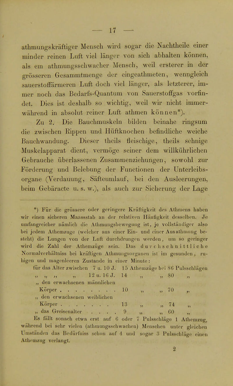 athmungskräftiger Mensch wird sogar die Nachtheile einer minder reinen Luft viel länger von sich abhalten können, als ein athmungsschwaeher Mensch, weil ersterer in der grösseren Gesammtmenge der eingeathmeten, wenngleich sauerstoffarmeren Luft doch viel länger, als letzterer, im- mer noch das Bedarfs-Quantum von SauerstofFgas vorfin- det. Dies ist deshalb so wichtig, wreil war nicht immer- während in absolut reiner Luft athmen können*). Zu 2. Die Bauchmuskeln bilden beinahe ringsum die zwischen Rippen und Hüftknochen befindliche weiche Bauchwandung. Dieser theils fleischige, theils sehnige Muskelapparat dient, vermöge seiner dem willkührlichen Gebrauche überlassenen Zusammenziehungen, sowohl zur Förderung und Belebung der Functionen der Unterleibs- organe (Verdauung, Säfteumlauf, bei den Ausleerungen, beim Gebäracte u. s. w.), als auch zur Sicherung der Lage *) Für die grössere oder geringere Kräfligkeit des Athmens haben wir einen sicheren Maassstab an der relativen Häufigkeit desselben. Je umfangreicher nämlich die Athmungsbewegung ist, je vollständiger also bei jedem Athemzüge (welcher aus einer Ein- und einer Ausathmung be- steht) die Lungen von der Lnft durchdrungen werden, um so geringer wird die Zahl der Athemzüge sein. Das durchschnittliche Normalverhältniss bei kräftigen Athmungsorganen isl im gesunden, ru- higen und magenleeren Zustande in einer Minute: für das Alter zwischen 7 u. 10 J. 15 Athemzüge bei 86 Pulsschlägen „ „ „ „ 12 u. 16 J. 14 „ „ 80 „ den erwachsenen männlichen Körper 10 „ „70 „ „ den erwachsenen weiblichen Körper 13 „ „74 „ das Greisenalter .... 9 „ „ 60 „ Es fällt sonach etwa erst auf 6 oder 7 Pulsschläge 1 Athemzug, während bei sehr vielen (athmungsschwachen) Menschen unter gleichen Umständen das Bedürfniss schon auf 4 und sogar .> PlllsSehläge einen Athemzug verlangt. 2