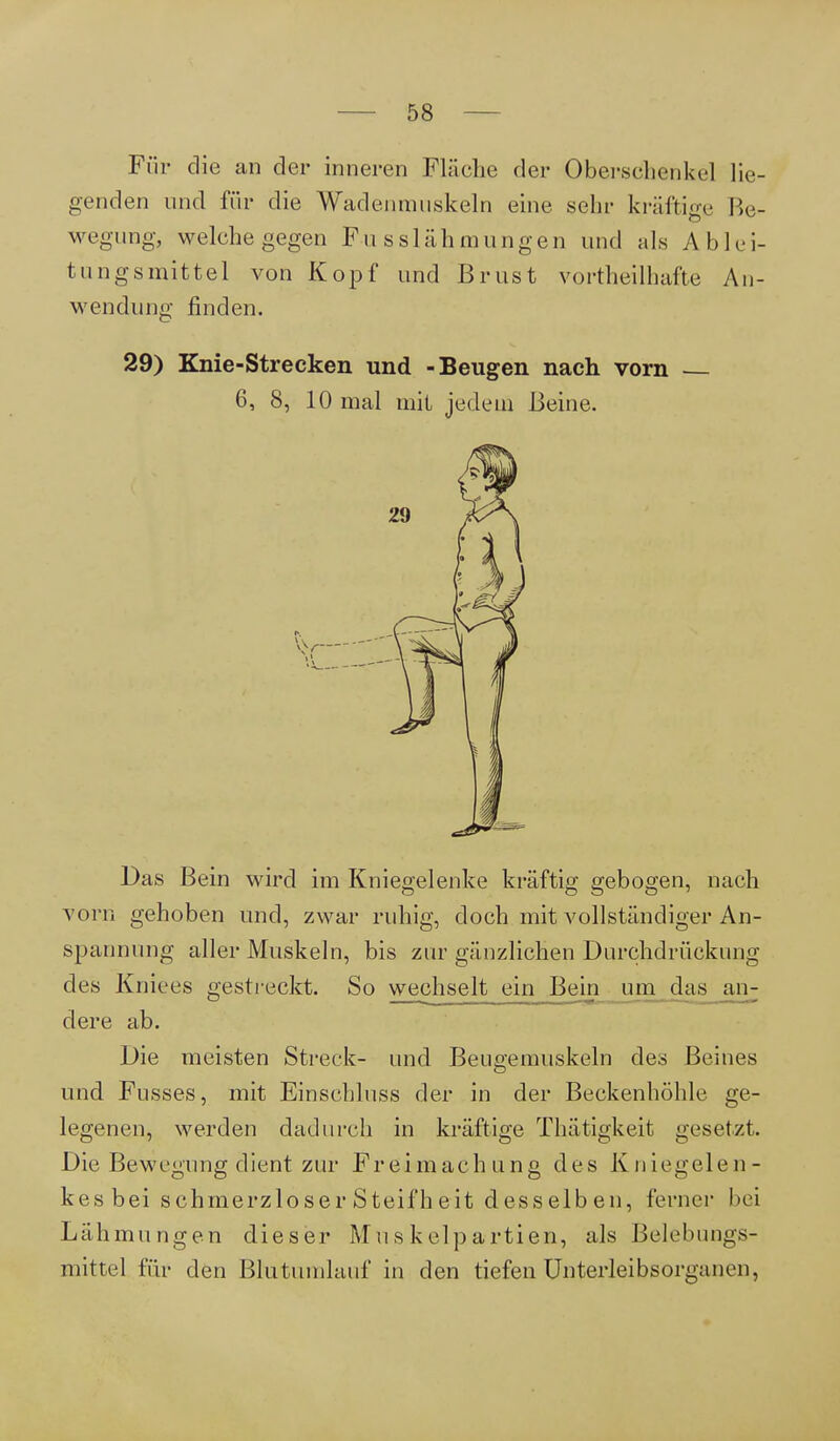 Für die an der inneren Fläche der Oberschenkel lie- genden und für die Wadenrauskeln eine sein- kräftige Be- wegung, welche gegen F u s s1äh mungen und als Abiei- tungsmittel von Kopf und Brust vorteilhafte An- wendung finden. 29) Knie-Strecken und -Beugen nach, vorn 6, 8, 10 mal mit jedem Beine. Das Bein wird im Kniegelenke kräftig gebogen, nach vorn gehoben und, zwar ruhig, doch mit vollständiger An- spannung aller Muskeln, bis zur gänzlichen Dnrchdrückung des Kniees gestreckt. So wechselt ein Bein um das ai> dere ab. Die meisten Streck- und Beugemuskeln des Beines und Fusses, mit Einschluss der in der Beckenhöhle ge- legenen, werden dadurch in kräftige Thätigkeit gesetzt. Die Bewegung dient zur Freimachung des Kniegelen- kes bei schmerzloser Steifheit desselben, ferner bei Lähmungen dieser Muskelpartien, als Belebungs- mittel für den Blutumlauf in den tiefen Unterleibsorganen,