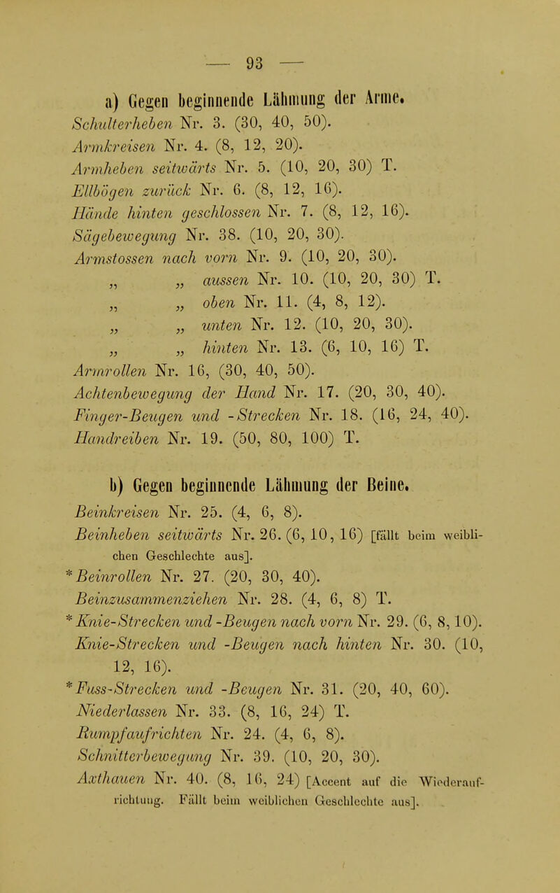 >■) }) }) Armrollen Ni a) Gegen beginnende Lähmung der Arme. Schulterheben Nr. 3. (30, 40, 50). Armkreisen Nr. 4. (8, 12, 20). Armheben seitioärts Nr. 5. (10, 20, 30) T. Eilbögen zurück Nr. 6. (8, 12, 16). Hände hinten geschlossen Nr. 7. (8, 12, 16). Sägebewegung Nr. 38. (10, 20, 30). Armstossen nach vorn Nr. 9. (10, 20, 30). aussen Nr. 10. (10, 20, 30) T. oben Nr. 11. (4, 8, 12). unten Nr. 12. (10, 20, 30). hinten Nr. 13. (6, 10, 16) T. 16, (30, 40, 50). Achtenbeivegung der Hand Nr. 17. (20, 30, 40). Fing ei7-Beugen und -Strecken Nr. 18. (16, 24, 40). Handreiben Nr. 19. (50, 80, 100) T. b) Gegen beginnende Lähmung der Beine. Beinkreisen Nr. 25. (4, 6, 8). Beinheben seitwärts Nr. 26. (6, 10, 16) [fällt beim weibli- chen Geschlechte aus]. Beinrollen Nr. 27. (20, 30, 40). Beinzusammenziehen Nr. 28. (4, 6, 8) T. * Knie-Strecken und -Belegen nach vom Nr. 29. (6, 8,10). Knie-Strecken und -Beugen nach hinten Nr. 30. (10, 12, 16). *Fuss-Strecken und -Beugen Nr. 31. (20, 40, 60). Niederlassen Nr. 33. (8, 16, 24) T. Rumpfaufrichten Nr. 24. (4, 6, 8). Schnitterbewegung Nr. 39. (10, 20, 30). Axthauen Nr. 40. (8, 16, 24) [Accent auf die Wiederauf- richtung. Fällt beim weiblichen Geschlechtc aus].