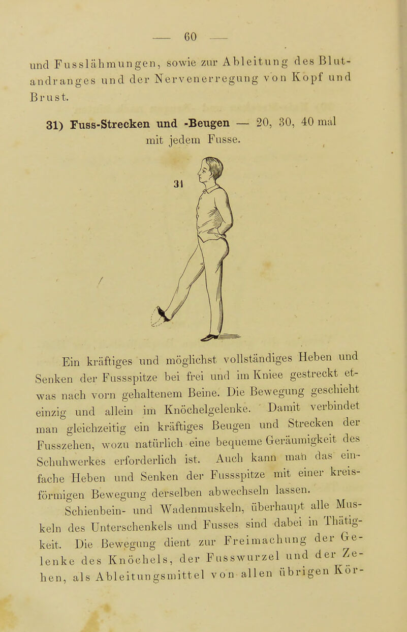 und Fusslähmungen, sowie zur Ableitung des Blut- andranges und der Nervenerregung von Kopf und B r u s t. 31) Fuss-Strecken und -Beugen — 20, 30, 40 mal mit jedem Fusse. Ein kräftiges und möglichst vollständiges Heben und Senken der Fassspitze bei frei und im Kniee gestreckt et- was nach vorn gehaltenem Beine. Die Bewegung geschieht einzig und allein im Knöchelgelenke. Damit verbindet man gleichzeitig ein kräftiges Beugen und Strecken der Fusszehen, wozu natürlich eine bequeme Geräumigkeit des Schuhwerkes erforderlich ist. Auch kann man das ein- fache Heben und Senken der Fussspitze mit einer kreis- förmigen Bewegung derselben abwechseln lassen. Schienbein- und Wadenmuskeln, überhaupt alle Mus- keln des Unterschenkels und Fusses sind dabei in Thätig- keit. Die Bewegung dient zur Freimachung der Ge- lenke des Knöchels, der Fusswurzel und der Ze- hen, als Ableitungsmittel von allen übrigen Kor-