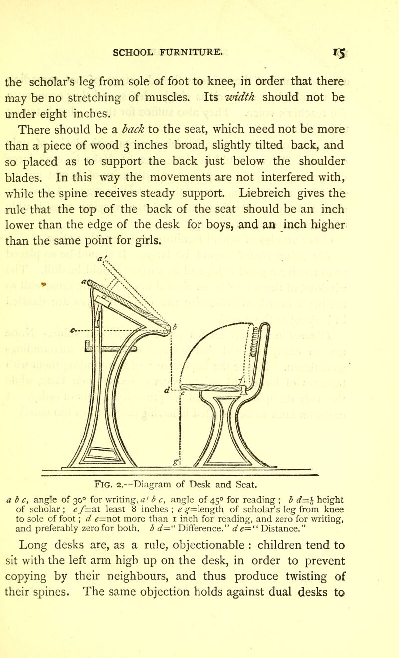 the scholar's leg from sole of foot to knee, in order that there may be no stretching of muscles. Its wiM should not be under eight inches. There should be a i^ack to the seat, which need not be more than a piece of wood 3 inches broad, slightly tilted back, and so placed as to support the back just below the shoulder blades. In this way the movements are not interfered with, while the spine receives steady support. Liebreich gives the rule that the top of the back of the seat should be an inch lower than the edge of the desk for boys, and an inch higher than the same point for girls. a i c, angle of 30° for writing, a'd c, angle of 45° for reading ; 3 d=l height of scholar; e/=at least 8 inches ; e ^=length of scholar's leg from knee to sole of foot; d ^=not more than i inch for reading, and zero for writing, and preferably zero for both, d d~ Difference. de=^ Distance. Long desks are, as a rule, objectionable : children tend to sit with the left arm high up on the desk, in order to prevent copying by their neighbours, and thus produce twisting of their spines. The same objection holds against dual desks to Fig. 2.—Diagram of Desk and Seat.