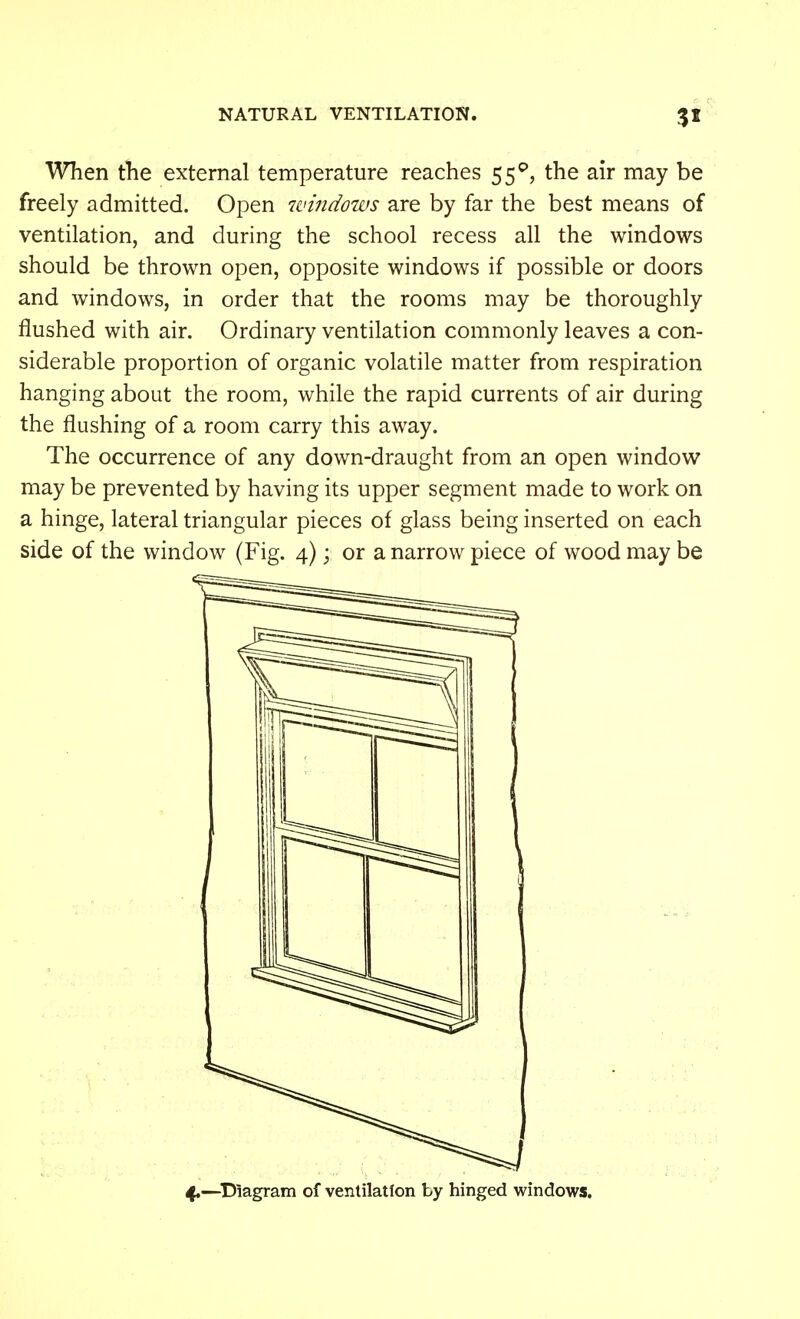 When the external temperature reaches 55^, the air may be freely admitted. Open windozvs are by far the best means of ventilation, and during the school recess all the windows should be thrown open, opposite windows if possible or doors and windows, in order that the rooms may be thoroughly flushed with air. Ordinary ventilation commonly leaves a con- siderable proportion of organic volatile matter from respiration hanging about the room, while the rapid currents of air during the flushing of a room carry this away. The occurrence of any down-draught from an open window may be prevented by having its upper segment made to work on a hinge, lateral triangular pieces of glass being inserted on each side of the window (Fig. 4); or a narrow piece of wood may be 4.—^Diagram of ventilation by hinged windows.