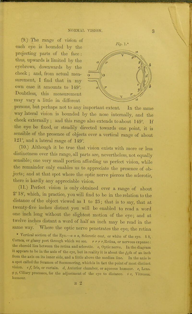 Fifj. 1. (9.) The range of vision of each eye is bounded by the projecting parts of the face: thus, upwards is limited by the eyebrows, downwards by the cheek ; and, from actual mea- sm-ement, I find that in my OAvn case it amounts to 149°. Doubtless, this measurement may vary a little in different persons, but perhaps not to any important extent. In the same way lateral vision is bounded by the nose internally, and the cheek externally ; and this range also extends to about 149°. If the eye be fixed, or steadily directed towards one point, it is sensible of the presence of objects over a vertical range of about 121° and a lateral range of 149°. (10.) Although it be true that vision exists with more or less distinctness over this range, all parts are, nevertheless, not equally sensible; one very small portion afi'ording us perfect vision, while the remainder only enables us to appreciate the presence of ob- jects; and at that spot where the optic nerve pierces the sclerotic, there is hardly any appreciable vision. (11.) Perfect vision is only obtained over a range of about 2° 18', which, in practice, you will find to be in the relation to the distance of the object viewed as 1 to 25; that is to say, that at twenty-five inches distant you will be enabled to read a word one inch long without the sHghtest motion of the eye; and at twelve inches distant a word of half an inch may be read in the same way. Where the optic nerve penetrates the eye,- the retina * Yertical section of the Eye.—a a a, Sclerotic coat, or white of the eye. h b, Cornea, or glassy port through which we see. r r r r.Retina, or nervous expanse : the choroid lies between the retina and sclerotic, o, Optic nerve. In the diagram it appears to be in the axis of the eye, but in reality it is about thejVth of an inch from the axis on its inner side, and a little above the median line. In the axis is a spot called the foramen of Soemmering, which is in fact the point of most distinct vision, ef, Iris, or curtain, d, Anterior chamber, or aqueous humour, c, Lens, y ir, t-'iliary processes, for the adjustment of the eye to distance, vv, Vitreous, humour. B 2