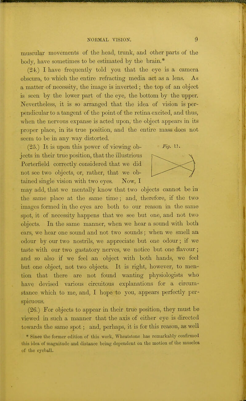 musciilai- movements of the head, trank, and other parts of the body, have sometimes to be estimated by the brain.* (2Ji.) I have frequently told you that the eye is a camera obscm'a, to which the entire refracting media act as a lens. As a matter of necessity, the image is inverted ; the top of an object is seen by the lower part of the eye, the bottom by the upper. Nevertheless, it is so arranged that the idea of vision is per- pendicular to a tangent of the point of the retina excited, and thus, when the nervous expanse is acted \ipon, the object appears in its proper place, in its true position, and the entire mass does not seem to be in any way distorted. (25.) It is upon this power of viewing ob- Fk)- jects iti their true position, that the illustrious Porterfield correctly considered that we did not see two objects, or, rather, that we ob- tained single vision with two eyes. Now, I may add, that we mentally know that two objects cannot be in the same place at the same time; and, therefore, if the two images formed in the eyes are both to our reason in the same spot, it of necessity happens that we see but one, and not two objects. In the same manner, when we hear a sound with both ears, we hear one sound and not two sounds; when we smell an odour by our two nostrils, we appreciate but one odour; if we taste with our two gastatory nerves, we notice but one flavour ; and so also if we feel an object with both hands, we feel but one object, not two objects. It is right, however, to men- tion that there are not found wanting physiologists who have devised various circuitous explanations for a circum- stance which to me, and, I hope to you, appears perfectly per- spicuous. (26.) For objects to appear in their true position, they must be viewed in such a manner that the axis of either eye is directed towards the same spot; and, perhaps, it is for this reason, as well * Since the former edition of tliis work, Wheatstone lias remarkably confii-med this idea of magnitude and distance being dependent on the motion of the muscles of the eyeball.