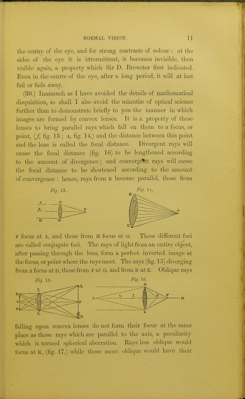 the centre of the eye, and for strong contrasts of colour : at the sides of the eye it is intermittent, it becomes invisible, then visible again, a property which Sir D. Brewster first indicated. Even in the centre of the eye, after a long period, it will at last fail or fade away. (30.) Inasmuch as I have avoided the details of mathematical disquisition, so shall I also avoid the minutias of optical science fm-ther than to demonstrate briefly to you the manner in which images are fomied by convex lenses. It is a property of these lenses to bring parallel rays which fall on them to a focus, or point, (/ fig. 13 ; A, fig. 14,) and the distance between this point and the lens is called the focal distance. Divergent rays Avill cause the focal distance (fig. 16) to be lengthened according to the amoimt of divergence; and convergAt rays will cause the focal distance to be shortened according to the amoimt of convergence : hence, rays from B become parallel, those from F focus at A, and those from H focus at G. These different foci are called conjugate foci. The rays of light from an entire object, after passing through the lens, form a perfect inverted image at the focus, or point where the rays meet. The rays (fig. 15) diverging from A focus at D, those from F at G, and from B at E. Obhque rays Firj 15. Fi(f- 16. tl falHng upon convex lenses do not form their focus at the same place as those rays which are parallel to the axis, a peculiarity which is termed spherical aberration. Kays less obhque would focus at K, (fig. 17,) while those more obhque would have their