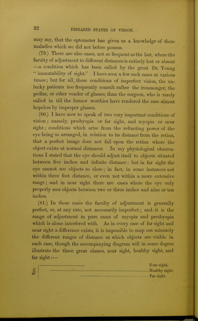 may say, that the optometer has given us a knowledge of these maladies which we did not before possess. (79.) There are also cases, not so frequent as the last, where the faculty of adjustment to different distances is entirely lost or absent —a condition which has been called by the great Dr. Young  immutability of sight. I have seen a few such cases at various times; but for all.these conditions of imperfect vision, the un- lucky patients too frequently consult rafher the ironmonger, the pedlar, or other vender of glasses, than the surgeon, who is rarely called in till the former worthies have rendered the case almost hopeless by improper glasses. (80.) I have now to speak of two very important conditions of vision; namely, presbyopia or far sight, and myoj)ia or near sight; conditions which arise from the refracting power of the eye being so arranged, in relation to its distance from the retina, that a perfect image does not fall upon the retina where the object exists at normal distances. In my physiological observa- tions I stated that the eye should adjust itself to objects situated between five inches and infinite distance: but in far sight the eye cannot see objects so close; in fact, in some instances not within three feet distance, or even not within a more extensive range; and in near sight there are cases where the eye only properly sees objects between two or three inches and nine or ten inches. (81.) In these cases the faculty of adjustment is generally perfect, or, at any rate, not necessarily imperfect; and it is the range of adjustment in pure cases of myopia and jDresbyopia which is alone interfered with. As in every case of far sight and near sight a difference exists, it is impossible to map out minutely the different ranges of distance at which objects are visible in each case, though the accompanying diagram will in some degree illustrate the three great classes, near sight, healthy sight, and far sight:— Near sight. ^ ■ — —Healthy sight. ——— Far sight.