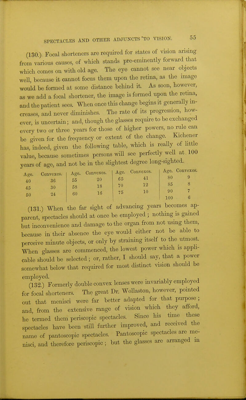 (130) Focal shorteners are required for states of vision arising from various causes, of which stands pre-eminently forward that which comes on with old age. The eye cannot see near objects weU, because it cannot focus them upon the retina, as the image would be formed at some distance behind it. As soon, however, as we add a focal shortener, the image is formed upon the retma, and the patient sees. When once this change begins it generally m- creases, and never diminishes. The rate of its progression, how- ever, is uncertain; and, though the glasses require to be exchanged every two or three years for those of higher powers, no rule can be given for the frequency or extent of the change. Kichener has, indeed, given the followmg table, which is really of little value, because sometimes persons wiU see perfectly weU at 100 years of age, and not be in the slightest degree long-sighted. ^. „„„ An.a nnnvfiYfts. Aee. Convexes. Age. Convexes. 40 45 60 Convexes. Age. Convexes. Age. Convexes. 36 55 20 65 41 30 58 18 70 12 24 60 16 75 10 80 9 85 8 90 7 100 6 (131) When tne lar signt ui u^>j.w<x-u.y.x^g, -r parent, spectacles should at once be employed ; nothing is gained but inconvenience and damage to the organ from not usmg them, because in their absence the eye would either not be able to perceive mmute objects, or only by straming itself to the utmost. When glasses are commenced, the lowest power which is apph- cable should be selected; or, rather, I should say, that a power somewhat below that required for most distinct vision shoidd be employed. (132 ) Formerly double convex lenses were mvanably employed for focal shorteners. The great Dr. WoUaston, however, pointed out that menisci were far better adapted for that purpose ; and from the extensive range of vision which they afford, he termed them periscopic spectacles. Smce his tmae these spectacles have been still further improved, and received the name of pantoscopic spectacles. Pantoscopic spectacles are me- nisci, and therefore periscopic ; but the glasses are arranged m