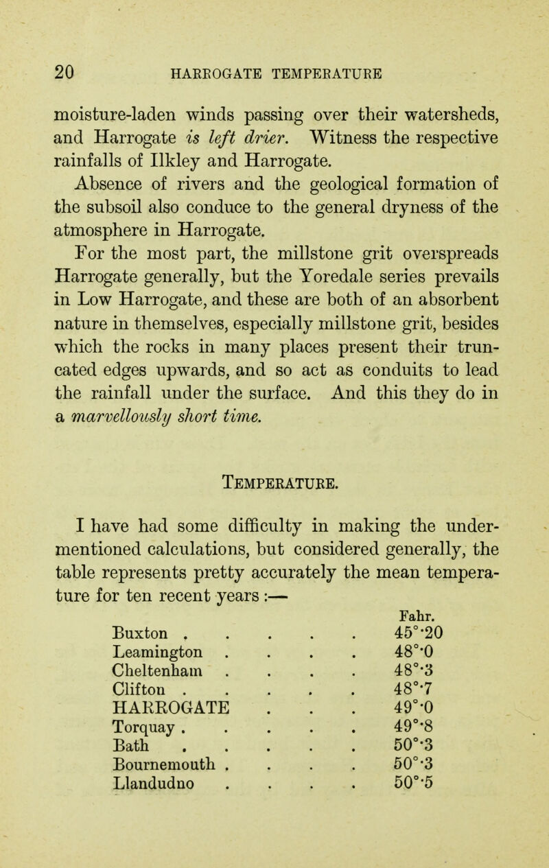 moisture-laden winds passing over their watersheds, and Harrogate is left drier. Witness the respective rainfalls of Ilkley and Harrogate. Absence of rivers and the geological formation of the subsoil also conduce to the general dryness of the atmosphere in Harrogate. For the most part, the millstone grit overspreads Harrogate generally, but the Yoredale series prevails in Low Harrogate, and these are both of an absorbent nature in themselves, especially millstone grit, besides which the rocks in many places present their trun- cated edges upwards, and so act as conduits to lead the rainfall under the surface. And this they do in a marvellously short time. Temperature. I have had some difficulty in making the under- mentioned calculations, but considered generally, the table represents pretty accurately the mean tempera- ture for ten recent years Buxton . Leamington Cheltenham Clifton . HARROGATE Torquay . Bath Bournemouth Llandudno Fahr. 45° 48° 48° 48° 49° 49° 50° 60° 50° 20 0 3 7 0 8 3 3