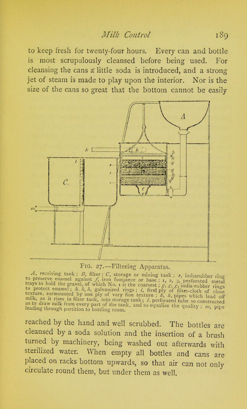 to keep fresh for twenty-four hours. Every can and bottle is most scrupulously cleansed before being used. For cleansing the cans a little soda is introduced, and a strong jet of steam is made to play upon the interior. Nor is the size of the cans so great that the bottom cannot be easily Fig. 27.—Filtering Apparatus. A, receiving tank; B, filter; C, storage or mixing tank; e, indiarubber Him to preserve enamel against f iron. footpiece or base; i, 2, 3) perforated metal trays to hold the gravel, of which No. 1 is the coarsest; g, g, g, india-rubber riims to protect enamel; A. h, h, galvanized rings; /, five| pfy oV'filter-dSh of dole milk*rt'c s.“rn?ount.ed by one Ph very fine texture ; k, k, pipes which lead off mdk, as it rises in filter tank, into storage tank; l, perforated tube so constructed as to draw milk from every part of the tank, and so equalise the quality • m nine leading through partition to bottling room. 1 y ’ ’ pipe reached by the hand and well scrubbed. The bottles are cleansed by a soda solution and the insertion of a brush turned by machinery, being washed out afterwards with sterilized water. When empty all bottles and cans are placed on racks bottom upwards, so that air can not only circulate round them, but under them as well.