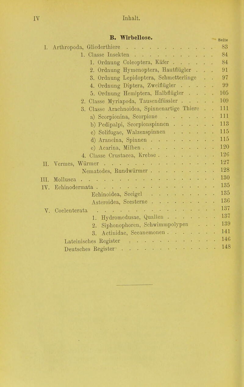 B. Wirbellose. 8elte I. Arthropoda, Gliederthiere 83 1. Classe Insekten 84 1. Ordnung Coleoptera, Käfer 84 2. Ordnung Hymenoptera, Hautilügler ... 91 3. Ordnung Lepidoptera, Schmetterlinge . . 97 4. Ordnung Diptera, Zweiflügler 99 5. Ordnung Hemiptera, Halbfiügler .... 105 2. Classe Myriapoda, Tausendfiissler 10!) 3. Classe Arachnoidea, Spinnenartige Thiere . . 111 a) Scorpionina, Scorpione 111 b) Pedipalpi, Scorpionspinnen 113 c) Solifugae, Walzenspinnen 115 d) Araneina, Spinnen 115 e) Acarina, Milben 120 4. Classe Crustacea, Krebse 12G II. Vernies, Würmer 127 Nematodes, Rundwürmer 128 III. Mollusca 130 IV. Echinodermata ^5 Echinoidea, Seeigel 135 Asteroidea, Seesterne 13G V. Coelenterata 137 1. Hydromedusae, Quallen 137 2. Siphonophoren, Schwimmpolypen . . . 139 3. Actinidac, Seeanemonen 141 Lateinisches Register 14;G Deutsches Register- ^