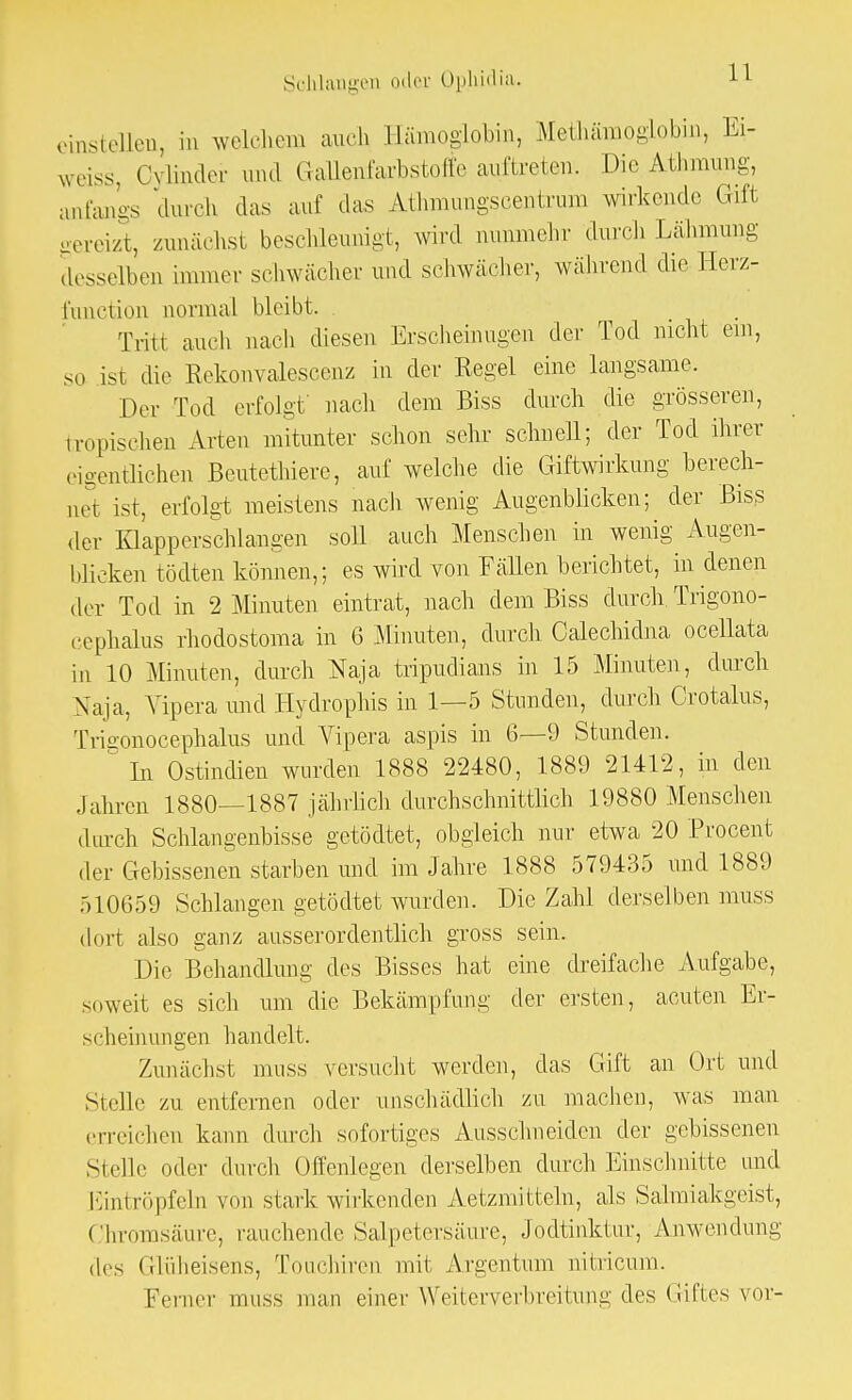 Schlangen «Hin- Oplüdia. H einstellen in welchem auch Sämoglobin, Metiiämoglobin, Ei- weiss, Cylinder und Gallenfarbstoffe auftreten. Die Athmung, anfangs durch das auf das Athmungseentrum wirkende Gift gereizt, zunächst beschleunigt, wird nunmehr durch Lähmung desselben immer schwächer und schwächer, während die Herz- funetion normal bleibt. Tritt auch nach diesen Erscheinugen der Tod nicht ein, so ist die Rekonvalescenz in der Regel eine langsame. Der Tod erfolgt' nach dem Biss durch die grösseren, tropischen Arten mitunter schon sehr schnell; der Tod ihrer eigentlichen Beutethiere, auf welche die Giftwirkung berech- net ist, erfolgt meistens nach wenig Augenblicken; der Biss der Klapperschlangen soll auch Menschen in wenig Augen- blicken tödten können,; es wird von Fällen berichtet, in denen der Tod in 2 Minuten eintrat, nach dem Biss durch. Trigono- cephalus rhodostoma in G Minuten, durch Oalechidna ocellata in 10 Minuten, durch Naja tripudians in 15 Minuten , durch Naja, Vipera und Hydrophis in 1—5 Stunden, durch Crotalus, Trigonocephalus und Yipera aspis in 6—9 Stunden. In Ostindien wurden 1888 22480, 1889 21412, in den Jahren 1880—1887 jährlich durchschnittlich 19880 Menschen durch Schlangenbisse getödtet, obgleich nur etwa 20 Procent der Gebissenen starben und im Jahre 1888 579435 und 1889 510659 Schlangen getödtet wurden. Die Zahl derselben muss dort also ganz ausserordentlich gross sein. Die Behandlung des Bisses hat eine dreifache Aufgabe, soweit es sich um die Bekämpfung der ersten, acuten Er- si ■ heinungen handelt. Zunächst muss versucht werden, das Gift an Ort und Stelle zu entfernen oder unschädlich zu machen, was man erreichen kann durch sofortiges Ausschneiden der gebissenen Stelle oder durch Offenlegen derselben durch Einschnitte und Eintröpfeln von starkwirkenden Aetzmitteln, als Salmiakgeist, Chromsäure, rauchende Salpetersäure, Jodtinktur, Anwendung des Glüheisens, Touchiren mit Argentum nitricum. Ferner muss man einer VVeiterverbreitung des Giftes vor-