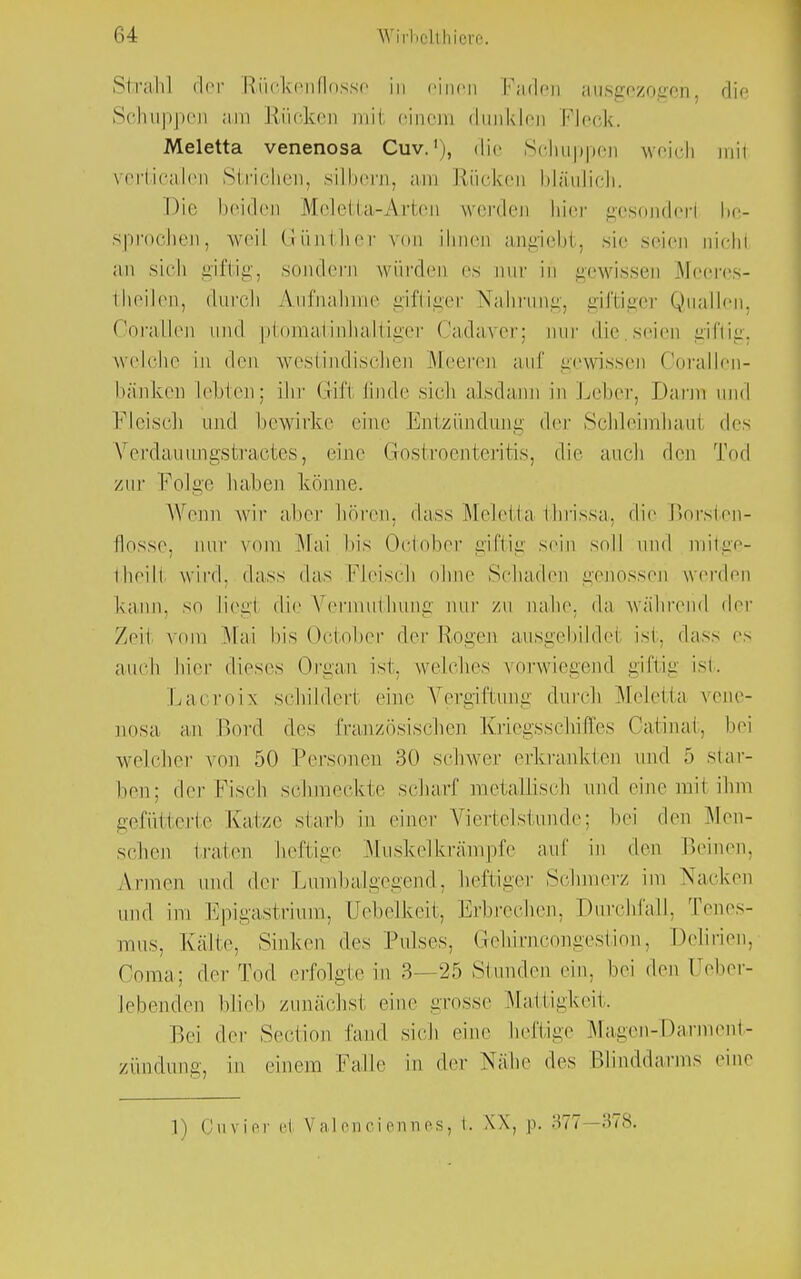 Strahl der Rückenflosse in einen Faden ausgezogen, die Schuppen am Rücken mit einem dunklen Pieck. Meletta venenosa Cuv.1), die Schuppen weich mii verticalen Strichen, silbern, am Rücken bläulich. Dil- beiden Meletta-Arten werden hier gesondert be- spreche]!, weil Günther von ihnen angiebt, sie seien nicht an sieh giftig, sondern würden es nur in gewissen Meeres- theilen, durch Aufnahme giftiger Nahrung, giftiger Quallen, Corallen und ptomatinhaltiger Oadaver; nur die seien giftig, welche in den westindischen Meeren auf gewissen Corallen- bänken lebten; ihr Gifi lind«' sich alsdann in Leber, Dann und Fleisch und bewirke eine Entzündung der Schleimhaul des Verdauimgstractes, eine Gastroenteritis, die auch den Tod zur Folge halicn könne. Wenn wir alter hören, dass Meletta thrissa, die ßorsten- flosse, nur vom Mai bis October giftig sein soll und mitge- fcheilt wird, dass das Fleisch ohne Schaden genossen werden kann, so Liegt die Vermuthung nur zu nahe, da während der Zeit vom Mai bis October der Rogen ausgebildel ist, dass es auch hier dieses Organ ist, welches vorwiegend giftig ist. Lacroix schildert eine Vergiftung dureb Meletta vene- nosa an Bord des französischen Kriegsschiffes Oatinat, bei welcher von 50 Personen 30 schwer erkrankten und .> star- ben; der Fisch seinneckte scharf metallisch und eine mii ihm gefütterte Katze starb in einer Viertelstunde; bei den Men- schen traten heftige Muskelkrämpfe auf in den Beinen, Armen und der Lumbaigegend, heftiger Schmerz im Nacken und im Epigastrium, üebelkeit, Erbrechen, Durchfall, Tenes- mus, Kälte, Sinken des Pulses, Gchirncongestion, Delirien. Coma; der Tod erfolgte in 3—25 Stunden ein. bei den Ueber- lebenden blieb zunächst eine -rosse Mattigkeit. Bei der Section fand sich eine heftige Magen-Dannent- zündung, in einem Kalle in der Nahe des Blinddarms eine 1) Ouvier H Valencienn&s, t. XX, p. 877—378.