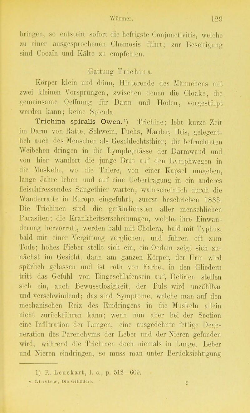 bringen, so entstehl soforl die heftigste Conjunctivitis, welche zu rinn- ausgesprochenen Chemosis führt; zur Beseitigung sind Cocain und Kälte zu empfehlen. Gattung T ric Ii i n a. Körper klein und dünn, [-linterende des Männchens mit zwei kleinen Vorsprüngen, zwischen denen die Oloake, die gemeinsame Qeffmmg für Dann und Hoden, vorgestülpt werden kann: keine Spicula. Trichina spiralis Owen.') Trichine; lebt kurze Zeit im Darm von Kalle, Schwein, Fuchs, Marder, Iltis, gelegent- lieh auch des Menschen als Geschlechtsthier; die befruchteten Weibchen dringen in die Lymphgefässc der Darmwand und von hier wandert die junge Brut auf den Lymphwegen in die Muskeln, wo die Thiere, von einer Kapsel umgeben, lange Jahre leben und auf eine Uebertragung in ein anderes fleischfressendes Säugethier warten; wahrscheinlich durch die Wanderratte in Europa eingeführt, zuerst beschrieben 1835. Die Trichinen sind die gefährlichsten aller menschlichen Parasiten; die Krankheitserscheinungen, welche ihre Einwan- derung hervorruft, werden bald mit Cholera, bald mit Typhus, bald mit einer Vergiftung verglichen, und führen oft zum Tode; hohes Fieber stellt sich ein, ein Oedem zeigt sich zu- nächst im Gesicht, dann am ganzen Körper, der Urin wird spärlich gelassen und ist roth von Farbe, in den Gliedern tritt das Gefühl von Eingeschlafensem auf, Delirien stellen sich ein, auch Bewusstlosigkeit, der Puls wird unzählbar und verschwindend; das sind Symptome, welche man auf den mechanischen Reiz des Eindringens in die Muskeln allein nicht zurückfuhren kann; wenn nun aber bei der Section eine Infiltration der Lungen, eine ausgedehnte fettige Dege- neration des Parenchyms der Leber und der Nieren gefunden wird, während die Trichinen doch niemals in Lunge, Leber und Nieren eindringen, so muss man unter Berücksichtigung 1) R. Leuckart, 1. c, p. 512—609. v. Linstow, Die Slftthlero.