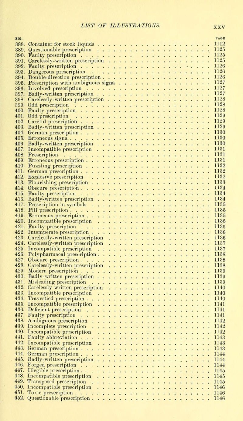 no. PASS 388. Container for stock liquids 1112 389. Questionable prescription 1125 390. Faulty prescription 1125 391. Carelessly-written prescription 1125 392. Faulty prescription • . . . . 1126 393. Dangerous prescription 1126 394. Double-direction prescription 1126 395. Prescription with ambiguous signa 1127 396. Involved prescription 1127 397. Badlj'-written prescription 1127 398. Carelessly-written prescription 1128 399. Odd prescription 1128 400. Faulty prescription 1128 401. Odd prescription 1129 402. Careful prescription 1129 403. Badly-wiitten prescription 1129 404. German prescription 1130 405. Erroneous signa 1130 406. Badly-written prescription 1130 407. Incompatible pi-escription 1131 408. Prescription 1131 409. Erroneous prescription 1131 410. Puzzling prescription 1132 411. German pre.^cription 1132 412. Explosive prescription 1132 413. Flourishing prescription 1138 414. Obscure prescription 1134 415. Faulty prescription 1134 416. Badly-written prescription 1134 417. Prescription in symbols 1135 418. Pill prescription 1135 419. Erroneous prescription 1135 420. Incompatii)le prescription 1135 421. Faulty prescription 1136 422. Intemperate prescription 1136 423. Carelessly-written prescription 1136 424. Carelessly-written prescription 1137 425. Incompatible prescription 1137 426. Polypliarmacal prescription 1138 427. Obscure prescription 1138 428. Carelessly-written prescription 1138 429. Modern prescription 1139 430. Badly-written prescription 1139 431. Misleading prescription 1139 432. Carelessly-written prescription 1140 433. Incompatible prescription • 1140 434. Travestied prescription 1140 435. Incompatible prescription 1141 436. Deficient prescription 1141 437. Faulty prescription 1141 438. Ambiguous prescription 1142 439. Incomplete prescription 1142 440. Incompatible prescription 1142 441. Faulty abbreviation 1143 442. Incompatible prescription 1143 443. German prescription 1143 444. German prescription 1144 445. Badly-written prescription 1144 446. Forged prescription . . 1144 447. Illegible prescription 1145 448. Incompatible prescription 1145 449. Transposed prescription 1145 450. Incompatible prescription 1146 451. Toxic prescription 1146 452. Questionable prescription 1146