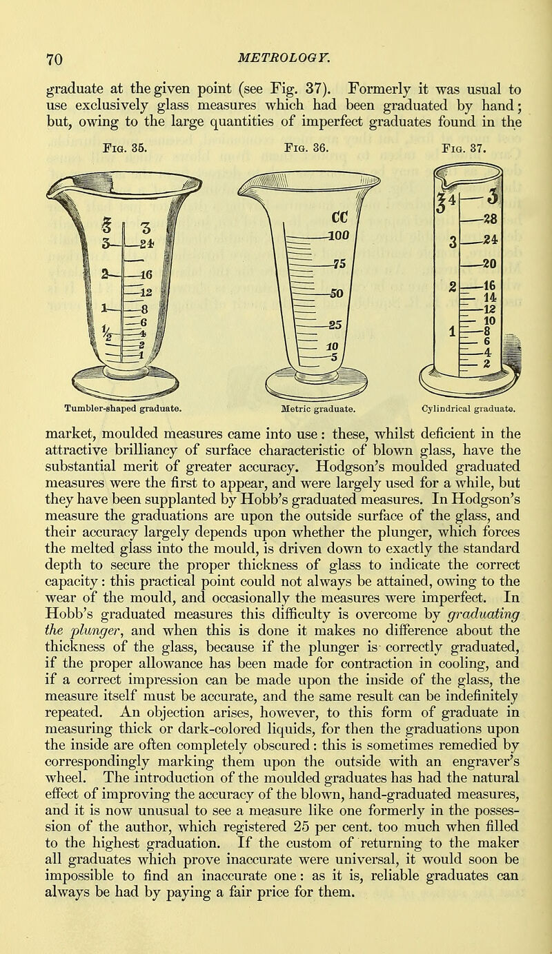 graduate at the given point (see Fig. 37). Formerly it was usual to use exclusively glass measures which had been graduated by hand; but, owing to the large quantities of imperfect graduates found in the Pig. 35. Fig. 36. Pig. 37. Tumbler-shaped graduate. Metric graduate. Cylindrical graduate. market, moulded measures came into use: these, whilst deficient in the attractive brilliancy of surface characteristic of blown glass, have the substantial merit of greater accuracy. Hodgson's moulded graduated measures were the first to appear, and were largely used for a while, but they have been supplanted by Hobb's graduated measures. In Hodgson's measure the graduations are upon the outside surface of the glass, and their accuracy largely depends upon whether the plunger, which forces the melted glass into the mould, is driven down to exactly the standard depth to secure the proper thickness of glass to indicate the correct capacity: this practical point could not always be attained, owing to the wear of the mould, and occasionally the measures were imperfect. In Hobb's graduated measures this difficulty is overcome by graduating the plunger, and when this is done it makes no difference about the thickness of the glass, because if the plunger is correctly graduated, if the proper allowance has been made for contraction in cooling, and if a correct impression can be made upon the inside of the glass, the measure itself must be accurate, and the same result can be indefinitely repeated. An objection arises, however, to this form of graduate in measuring thick or dark-colored liquids, for then the graduations upon the inside are often completely obscured: this is sometimes remedied by correspondingly marking them upon the outside with an engraver's wheel. The introduction of the moulded graduates has had the natural effect of improving the accuracy of the blown, hand-graduated measures, and it is now unusual to see a measure like one formerly in the posses- sion of the author, which registered 25 per cent, too much when filled to the highest graduation. If the custom of returning to the maker all graduates which prove inaccurate were universal, it would soon be impossible to find an inaccurate one: as it is, reliable graduates can always be had by paying a fair price for them.