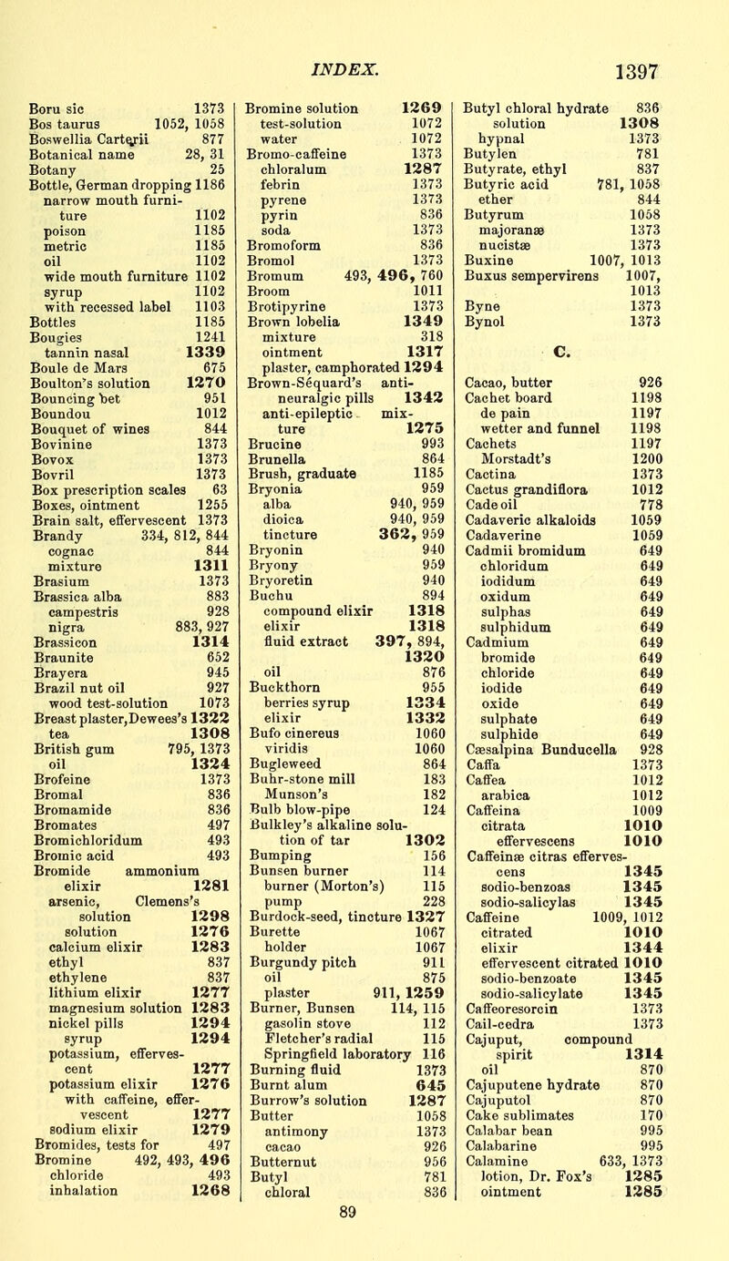 Boru sic 1373 Bromine solution 1269 Butyl chloral hydrate 836 Bos taurus 1052 , 1058 test-solution 1072 solution 1308 Boswellia Cartqfii 877 water 1072 hypnal 1373 Botanical name 28, 31 Bromo-caffeine iO ( 0 Butylen 781 Botany 25 chloralum Butyrate, ethyl 837 Bottle, German dropping 1186 febrin 1373 Butyric acid 781, 1058 narrow mouth furni- py rene 1373 ether 844 ture 1102 pyrin 836 Butyrum 1068 poison 1185 1373 majoranse 1373 metric 1185 jjromoiorm 836 nucist88 1373 oil 1102 Bromol 1373 xiuxine 1007 , 1013 wide mouth furniture 1102 Bromum 493, 496, 760 Buxus sempervirens 1007, syrup 1102 Broom 1011 1013 with recessed label 1103 Brotipyrine 1373 Byne 1373 Bottles 1185 Brown lobelia 1349 Bynol 1373 Bougies 1241 mixture 318 tannin nasal 1339 ointment 1317 Boule de Mars 675 plaster, camphorated 1294 Brown-Sequard's anti- Boulton's solution 1270 Cacao, butter 926 Bouncing bet 951 neuralgic pills Cachet board 1198 Boundou 1012 an ti-epileptic mix- de pain 1197 Bouquet of wines 844 ture 1/470 wetter and funnel 1 1 QQ liyo Bovinine 1373 Brucine 993 Cachets 1 1 OT Bovox 1373 Brunella 864 Morstadt's 1200 Bovril 1373 Brush, graduate 1185 Cactina 1373 Box prescription scales 63 Bryonia 959 Cactus grandiflora 1012 Boxes, ointment 1255 alba 940, 959 Cade oil 778 Brain salt, efl'ervesceni 1373 dioica 940, 959 362 , 959 Cadaveric alkaloids 1059 Brandy 334, 812, 844 tincture Cadaverine 1059 cognac 844 Bryonin 940 Cadmii bromidum 649 mixture 1311 Bryony 959 chloridum 649 Brasium 1373 Bryoretin 940 iodidum 649 Brassica alba 883 Buchu 894 oxidum 649 campestris 928 compound elixir 1318 sulphas 649 nigra 883,927 elixir 1318 sulphidum 649 Brassicon 1314 fluid extract 397, 894, Cadmium 649 Braunite 652 1320 bromide 649 Brayera 945 oil 876 chloride 649 Brazil nut oil 927 Buckthorn 955 iodide 649 wood test-solution 1073 berries syrup 1334 oxide 649 Breast plaster.Dewees's 1322 elixir 1332 sulphate 649 tea 1308 Bufo cinereus 1060 sulphide 649 British gum 795, 1373 viridis 1060 Caesalpina Bunducella 928 oil 1324 Bugleweed 864 Cafia 1373 Brofeine 1373 Buhr-stone mill 183 Caffea 1012 Bromal 836 Munson's 182 arabica 1012 Bromamide 836 Bulb blow-pipe 124 Caffeina 1009 Bromates 497 Bulkley's alkaline solu- citrata 1010 Bromichloridum 493 tion of tar 1302 effervescens 1010 Bromic acid 493 Bumping 156 Caffeinae citras effervea Bromide ammonium Bunsen burner 114 cens 1345 elixir 1281 burner (Morton's) 115 sodio-benzoas 1345 arsenic, Clemens's pump 228 sodio-salicylas 1345 solution 1298 Burdock-seed, tincture 1327 Caffeine 1009 , 1012 solution 1276 Burette 1067 citrated 1010 calcium elixir 1283 holder 1067 elixir 1344 ethyl 837 Burgundy pitch 911 effervescent citrated 1010 ethylene 837 oil 875 sodio-benzoate 1345 lithium elixir 1277 plaster 911, 1259 sodio-salicylate 1345 magnesium solution 1283 Burner, Bunsen 114, 116 Caffeoresorcin 1373 nickel pills 1294 gasolin stove 112 Cail-cedra 1373 syrup 1294 Fletcher's radial 115 Cajuput, compound potassium, efferves- Springfield laboratory 116 spirit 1314 cent 1277 Burning fluid 1373 oil 870 potassium elixir 1276 Burnt alum 645 Cajuputene hydrate 870 with caffeine, effer- Burrow's solution 1287 Cajuputol 870 vescent 1277 Butter 1068 Cake sublimates 170 sodium elixir 1279 antimony 1373 Calabar bean 995 Bromides, tests for 497 cacao 926 Calabarine 995 Bromine 492, 493, 496 Butternut 956 Calamine 63J , 1373 chloride 493 Butyl 781 lotion, Dr. Fox's 1285 inhalation 1268 chloral 836 ointment 1285 89