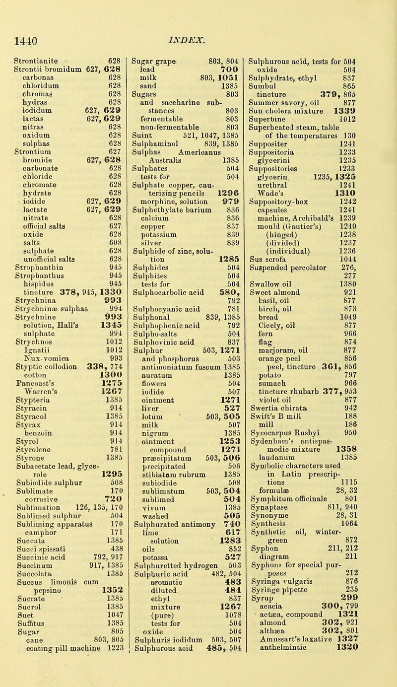 Strontianite - 628 Strontii bromidum 627, 628 carbonas 628 chloridum 628 chromas 628 hydras 628 iodidum 627, 629 lactas 627,629 nitras 628 oxidum 628 sulphas 628 Strontium 627 bromide 627, 628 carbonate 628 chloride 628 chromate 628 hydrate 628 iodide 627, 629 lactate 627, 629 nitrate 628 official salts 627 oxide 628 salts 608 sulphate 628 unofficial salts 628 Strophanthin 945 Strophanthus 945 hispidus 945 tincture 378, 945, 1330 Strychnina 993 Strychninae sulphas 994 Strychnine 993 solution. Hall's 1345 sulphate 994 Strychnos 1012 Ignatii 1012 Nux-vomica 993 Styptic collodion 338, 774 cotton 1300 Pancoast's 1275 Warren's 1267 Stypteria 1385 Styracin 914 Styracol 1385 Styrax 914 benzoin 914 Styrol 914 Styrolene 781 Styrone 1386 Subacetate lead, glyce- role 1295 Subiodide sulphur 508 Sublimate 170 corrosive 720 Sublimation 126, 135, 170 Sublimed sulphur 504 Subliming apparatus 170 camphor 171 Succata 1385 Sucoi spissati 438 Succinic acid 792,917 Succinum 917, 1385 Succolata 1385 Succus limonis cum pepsino 1352 Sucrate 1385 Sucrol 1385 Suet 1047 Suffitus 1385 Sugar 805 cane 803, 805 coating pill machine 1223 Sugar grape lead milk sand Sugars 803, 804 700 803, 1051 1385 803 and saccharine sub- stances 803 fermentable 803 non-fermentable 803 Suint 521, 1047, 1385 Sulphaminol 839, 1385 Sulphas Americanus Australis 1385 Sulphates 504 tests for 604 Sulphate copper, cau- terizing pencils 1296 morphine, solution 979 Sulphethylate barium 836 calcium 836 coj)per 837 potassium 839 silver 839 Sulphide of zinc, solu- tion 1285 Sulphides 504 Sulphites 504 tests for 504 Sulphocarbolic acid 580, 792 Sulphocyanic acid 781 Sulphonal 839, 1385 Sulphophcnic acid 792 Sulpho-salts 504 Sulphovinic acid 837 Sulphur 503, 1271 and phosphorus 503 antimoniatum fuscum 1385 auratum 1385 flowers 504 iodide 507 ointment 1271 liver 527 lotum ■ 503, 505 milk 607 nigrum 1385 ointment 1253 compound 1271 praecipitatum 503, 506 precipitated 606 stibiatom rubrum 1385 subiodide 508 sublimatum 503, 504 sublimed 504 vivum 1385 washed 505 Sulphurated antimony 740 lime 617 solution 1283 oils 852 potassa 527 Sulphuretted hydrogen 503 Sulphuric acid 482,504 aromatic 483 diluted 484 ethyl 837 mixture 1267 (pure) 1078 tests for 604 oxide 504 Sulphuris iodidum 503, 507 Sulphurous acid 485, 604 Sulphurous acid, tests for 504 oxide 604 Sulphydrate, ethyl 837 Sumbul 865 tincture 379 , 865 Summer savory, oil 877 Sun cholera mixture 1339 Superbine 1012 Superheated steam, table of the temperatures 130 Suppositer 1241 Suppositoria 1233 glycerini 1235 Suppositories 1233 glycerin 1236, 1325 urethral 1241 Wade's 1310 Suppository-box 1242 capsules 1241 machine, Archibald's 1239 mould (Gautier's) 1240 (hinged) 1238 (divided) 1237 (individual) 1236 Sus scrofa 1044 Suspended percolator 276, 277 Swallow oil 1380 Sweet almond 921 basil, oil 877 birch, oil 873 bread 1049 Cicely, oil 877 fern 966 flag 874 marjoram, oil 877 orange peel 856 peel, tincture 361, 856 potato 797 sumach 966 tincture rhubarb 377, 953 violet oil 877 Swertia chii\ita 942 Swift's B mill 188 mill 186 Sycocarpus Rusbyi 950 Sydenham's antispas- modic mixture 1358 laudanum 1385 Symbolic characters used in Latin prescrip- tions 1115 formulae 28, 32 Symphitum officinale 801 Synaptase 811, 940 Synonyme 28, 31 Synthesis 1064 Synthetic oil, winter- green 872 Syphon 211, 212 diagram 211 Syphons for special pur- poses 212 Syringa vulgaris 876 Syringe pipette 235 Syrup 299 acacia 300 , 799 ■ actKa, compound 1321 almond 3 02 , 921 althiea 302 , 801 Amussart's laxative 1327 anthelmintic 1320