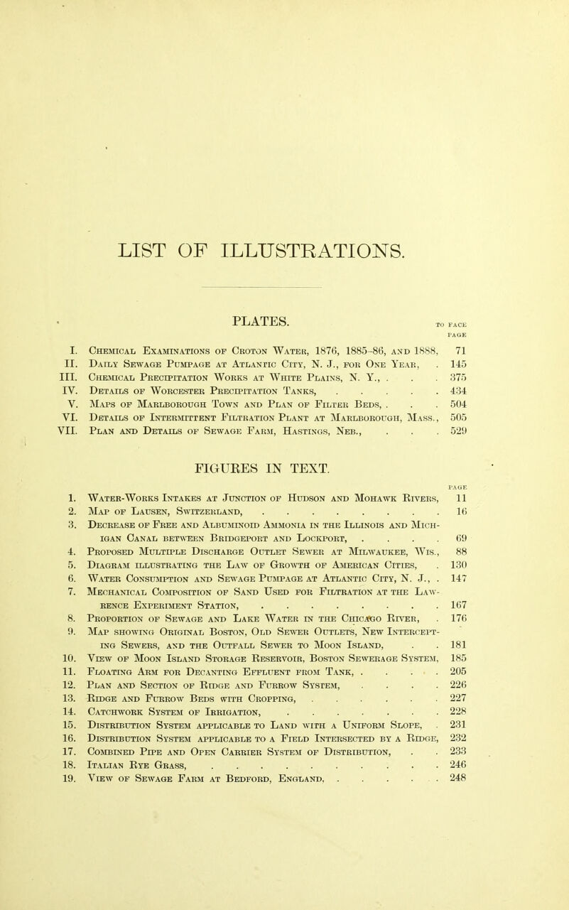 LIST OF ILLUSTRATIONS. PLATES. TO FACE PAGE I. Chemical Examinations op Croton Water, 1876, 1885-86, and 1888, 71 II. Daily Sewage Pumpage at Atlantic City, N. J., for One Year, . 115 III. Chemical Precipitation Works at White Plains, N. Y., . . 375 IV. Details of Worcester Precipitation Tanks, ..... 434 V. Maps of Marlborough Town and Plan of Filter Beds, . . . 504 VI. Details of Intermittent Filtration Plant at Marlborough, Mass., 505 VII. Plan and Details of Sewage Farm, Hastings, Neb., . . 529 FIGURES IN TEXT. PAGE 1. Water-Works Intakes at Junction of Hudson and Mohawk Rivers, 11 2. Map of Lausen, Switzerland, 16 3. Decrease of Free and Albuminoid Ammonia in the Illinois and Mich- igan Canal between Bridgeport and Lockport, .... 69 4. Proposed Multiple Discharge Outlet Sewer at Milwaukee, Wis., 88 5. Diagram illustrating the Law of Growth of American Cities, . 130 6. Water Consumption and Sewage Pumpage at Atlantic City, N. J., . 147 7. Mechanical Composition of Sand Used for Filtration at the Law- rence Experiment Station, 167 8. Proportion of Sewage and Lake Water in the Chic.ago River, . 176 9. Map showing Original Boston, Old Sewer Outlets, New Intercept- ing Sewers, and the Outfall Sewer to Moon Island, . . 181 10. View of Moon Island Storage Reservoir, Boston Sewerage System, 185 11. Floating Arm for Decanting Effluent from Tank, .... 205 12. Plan and Section of Ridge and Furrow System, .... 226 13. Ridge and Furrow Beds with Cropping, ...... 227 14. Catchwork System of Irrigation, 228 15. Distribution System applicable to Land with a Uniform Slope, 231 16. Distribution System applicable to a Field Intersected by a Ridge, 232 17. Combined Pipe and Open Carrier System of Distribution, . . 233 18. Italian Rye Grass, 246 19. View of Sewage Farm at Bedford, England 248