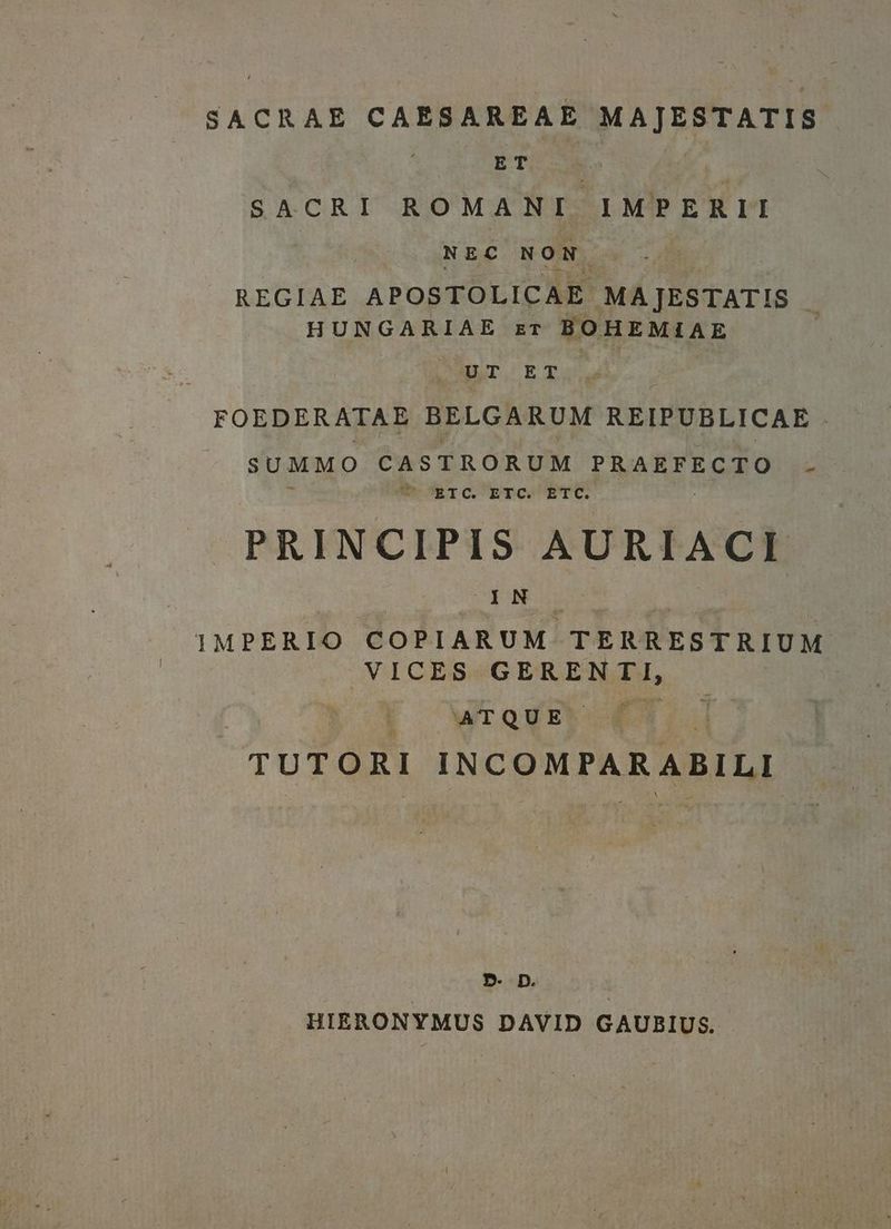 SACRAE CAESAREAE MAJESTATIS. SACRI ROMANI IMPERII NEC NON REGIAE APOSTOLICAE MAJESTATIS i HUNGARIAE ET BOHEMIAE UT ET FOEDERATAE BELGARUM REIPUBLICAE j SEE CASTRORUM PRAEFECTO ^ T cgRIC. Erc. ETC. PRINCIPIS AURIACI IN IMPERIO COPIARUM TERRESTRIUM VICES GERENTI, ATQUE TUTOXI INCOMPARABILI. P». D. HIERONYMUS DAVID GAUBIUS.