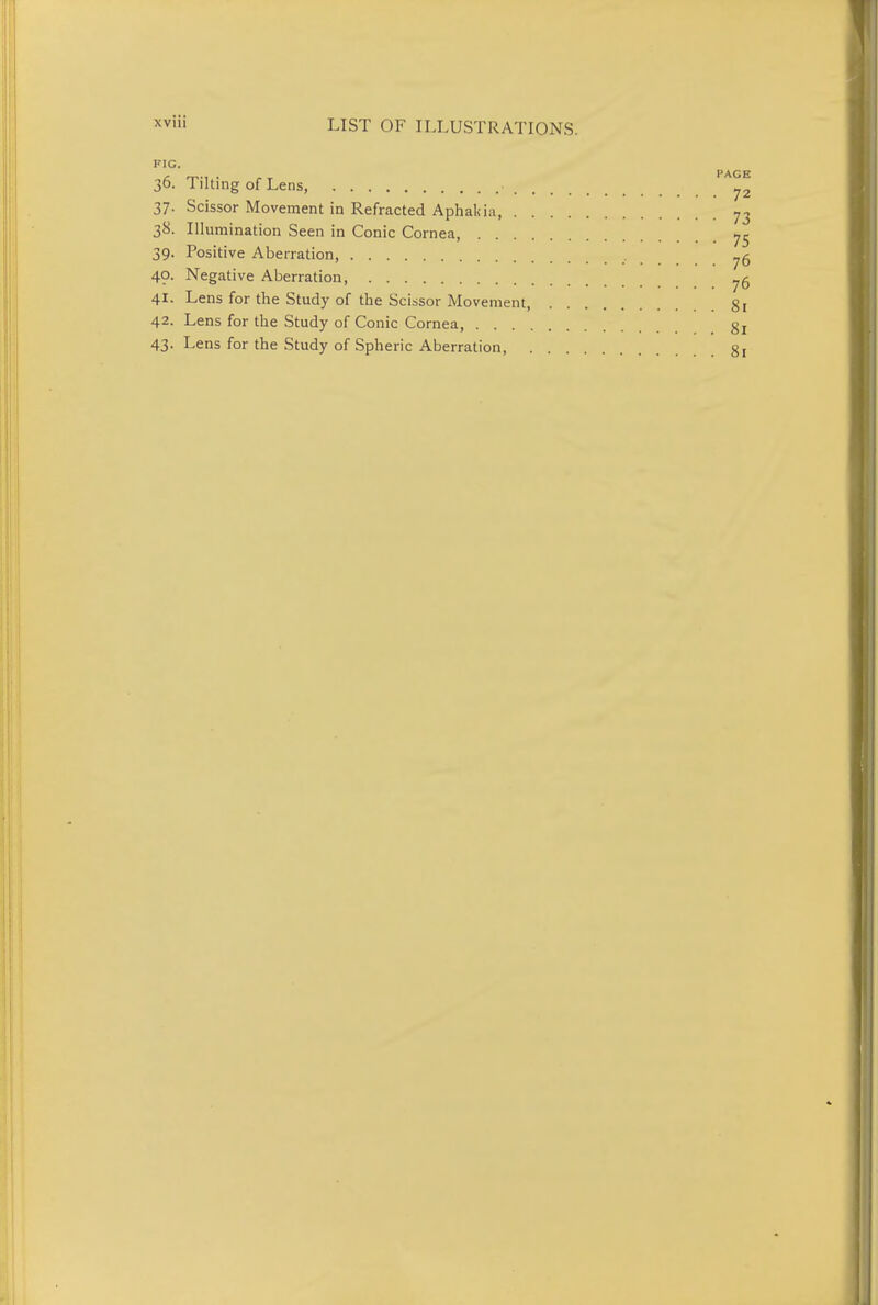 FIG. 36. Tilting of Lens, ■ »2 37. Scissor Movement in Refracted Aphakia, 7, 38. Illumination Seen in Conic Cornea, jr 39. Positive Aberration, 7g 49. Negative Aberration -6 41. Lens for the Study of the Scissor Movement, gt 42. Lens for the Study of Conic Cornea, g, 43. Lens for the Study of Spheric Aberration g,