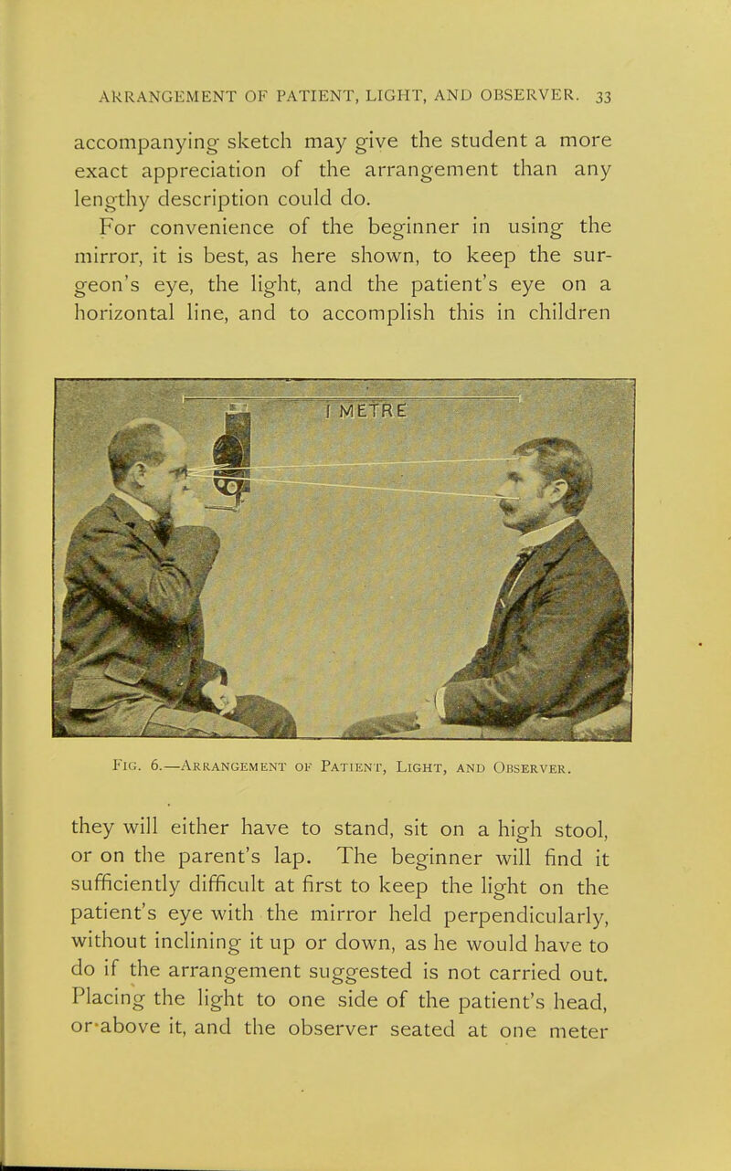 accompanying sketch may give the student a more exact appreciation of the arrangement than any lengthy description could do. For convenience of the beginner in using the mirror, it is best, as here shown, to keep the sur- geon's eye, the light, and the patient's eye on a horizontal line, and to accomplish this in children Fig. 6.—Arrangement of Patient, Light, and Observer. they will either have to stand, sit on a high stool, or on the parent's lap. The beginner will find it sufficiently difficult at first to keep the light on the patient's eye with the mirror held perpendicularly, without inclining it up or down, as he would have to do if the arrangement suggested is not carried out. Placing the light to one side of the patient's head, or-above it, and the observer seated at one meter