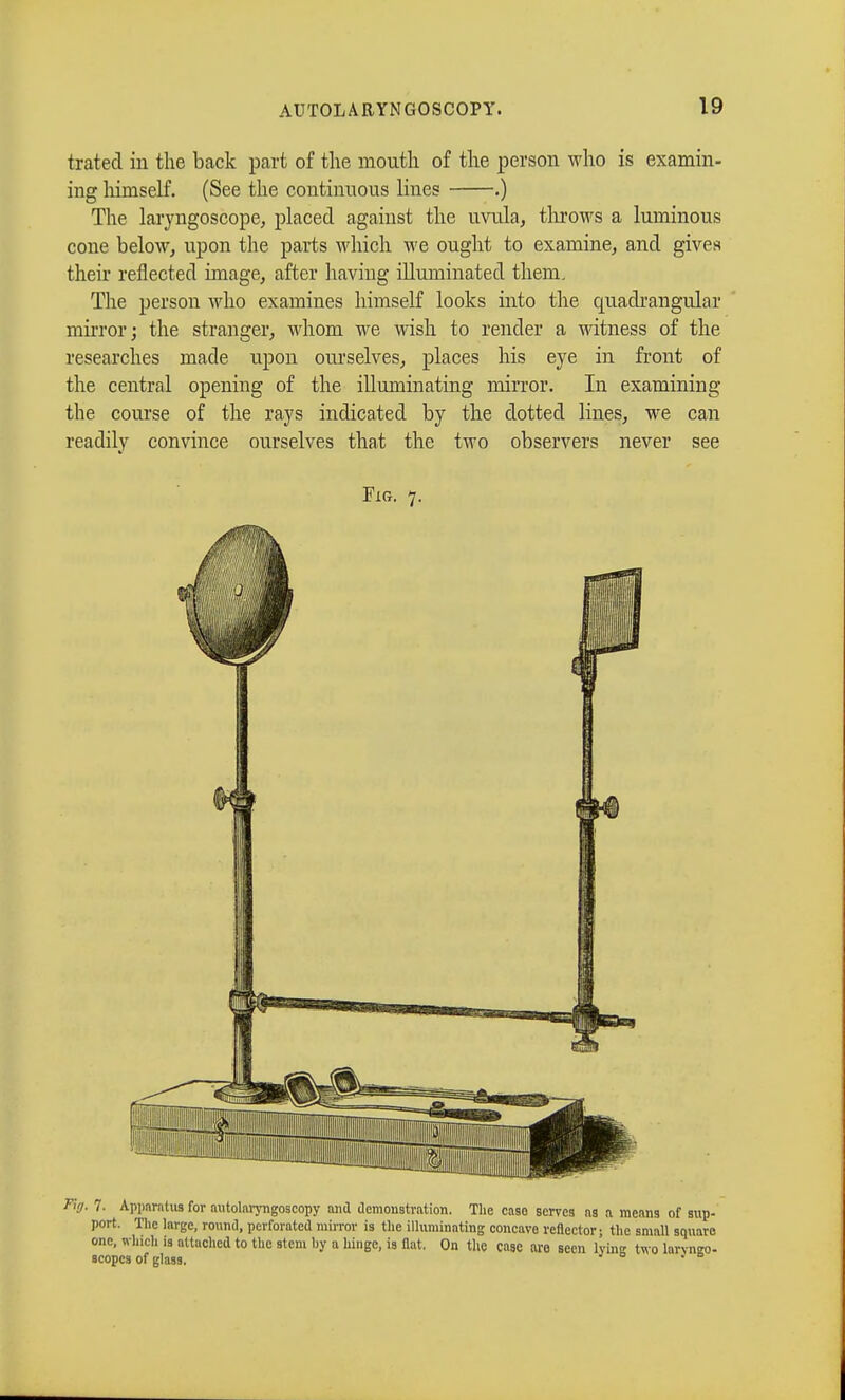 tratecl in the back part of the mouth of the person who is examin- ing himself. (See the continuous lines .) The laryngoscope, placed against the uvula, throws a luminous cone below, upon the parts which we ought to examine, and gives their reflected image, after having illuminated them. The person who examines himself looks into the quadrangular mirror; the stranger, whom we wish to render a witness of the researches made upon ourselves, places his eye in front of the central opening of the illuminating mirror. In examining the course of the rays indicated by the dotted lines, we can readily convince ourselves that the two observers never see Fig. 7. fyr. 7. Apparatus for autolaryngoscopy and demonstration. The case serves as a means of sup- port. The large, round, perforated mirror is the illuminating concave reflector; the small square one, which is attached to the stem by a hinge, is flat. On the case are seen lying two laryngo- scopes of glass. •
