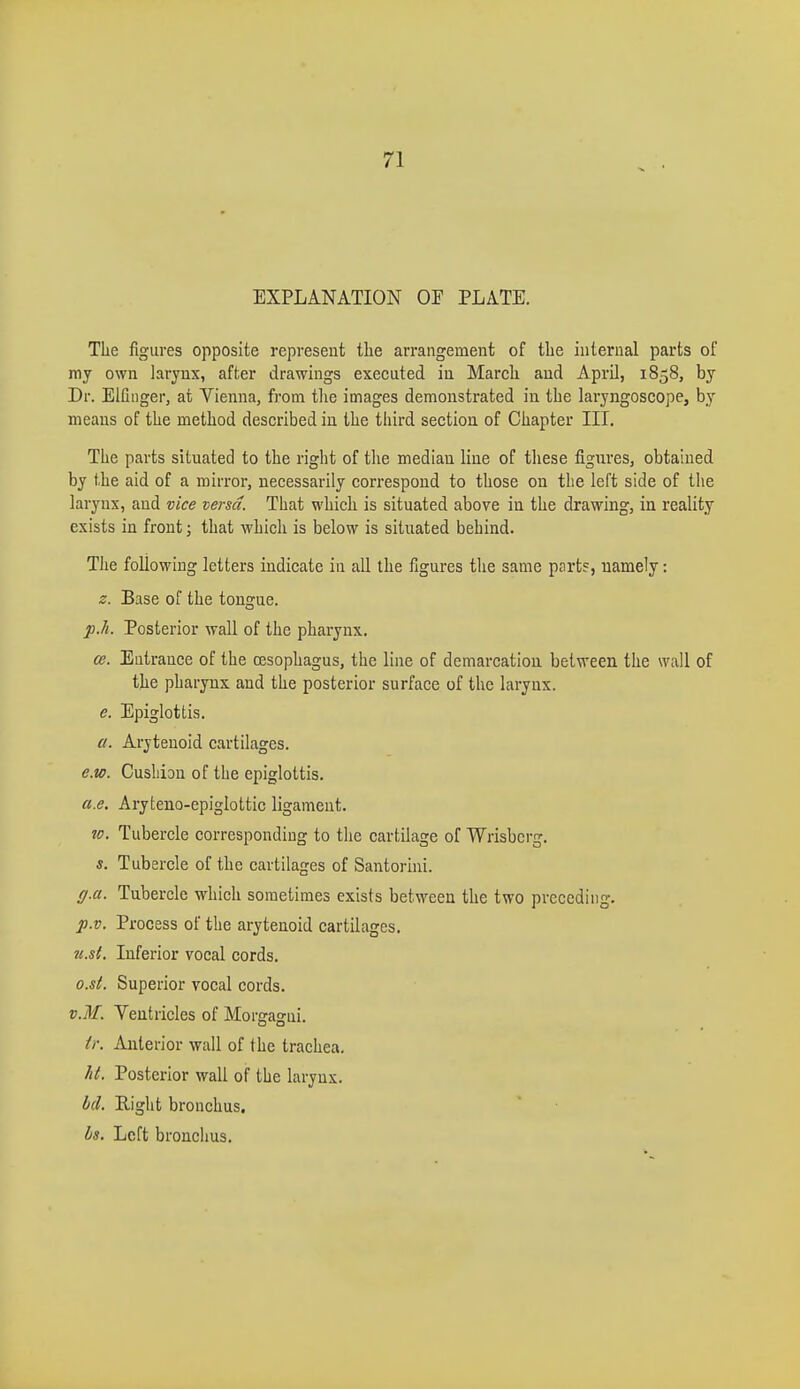 EXPLANATION OF PLATE. The figures opposite represent the arrangement of the internal parts of ray own larynx, after drawings executed in March and April, 1858, by Dr. Elfinger, at Vienna, from the images demonstrated in the laryngoscope, by means of the method described in the third section of Chapter III. The parts situated to the right of the median line of these figures, obtained by the aid of a mirror, necessarily correspond to those on the left side of the larynx, and vice versa. That which is situated above in the drawing, in reality exists in front ; that which is below is situated behind. The following letters indicate in all the figures the same ports, namely: z. Base of the tongue. p./i. Posterior wall of the pharynx. ce. Entrance of the oesophagus, the line of demarcation between the wall of the pharynx and the posterior surface of the larynx. e. Epiglottis. a. Arytenoid cartilages. e.w. Cushion of the epiglottis. a.e. Aryteno-epiglottic ligament. to. Tubercle corresponding to the cartilage of Wrisberg. s. Tubercle of the cartilages of Santorini. g.a. Tubercle which sometimes exists between the two preceding. p.v. Process of the arytenoid cartilages. n.st. Inferior vocal cords. o.st. Superior vocal cords. v.M. Ventricles of Morgagui. //•. Anterior wall of the trachea. ht. Posterior wall of the larynx. bd. Right bronchus. is. Left bronchus.