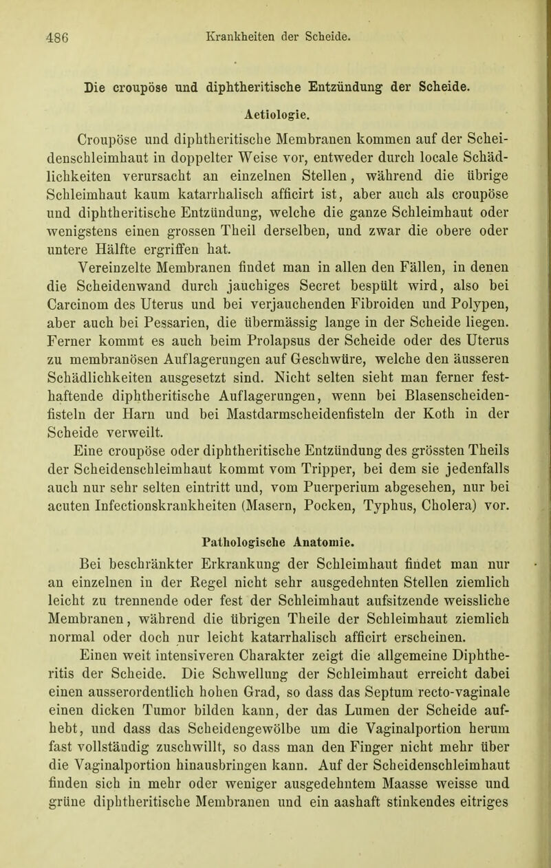 Die croupöse und diphtheritische Entzündung der Scheide. Aetiologie. Croupöse und diphtheritische Membranen kommen auf der Schei- denschleimhaut in doppelter Weise vor, entweder durch locale Schäd- lichkeiten verursacht an einzelnen Stellen, während die übrige Schleimhaut kaum katarrhalisch afficirt ist, aber auch als croupöse und diphtheritische Entzündung, welche die ganze Schleimhaut oder wenigstens einen grossen Theil derselben, und zwar die obere oder untere Hälfte ergriffen hat. Vereinzelte Membranen findet man in allen den Fällen, in denen die Scheidenwand durch jauchiges Secret bespült wird, also bei Carcinom des Uterus und bei verjauchenden Fibroiden und Polypen, aber auch bei Pessarien, die übermässig lange in der Scheide liegen. Ferner kommt es auch beim Prolapsus der Scheide oder des Uterus zu membranösen Auflagerungen auf Geschwüre, welche den äusseren Schädlichkeiten ausgesetzt sind. Nicht selten sieht man ferner fest- haftende diphtheritische Auflagerungen, wenn bei Blasenscheiden- fisteln der Harn und bei Mastdarmscheidenfisteln der Koth in der Scheide verweilt. Eine croupöse oder diphtheritische Entzündung des grössten Theils der Scheidenschleimhaut kommt vom Tripper, bei dem sie jedenfalls auch nur sehr selten eintritt und, vom Puerperium abgesehen, nur bei acuten Infectionskrankheiten (Masern, Pocken, Typhus, Cholera) vor. Pathologische Anatomie. Bei beschränkter Erkrankung der Schleimhaut findet man nur an einzelnen in der Regel nicht sehr ausgedehnten Stellen ziemlich leicht zu trennende oder fest der Schleimhaut aufsitzende weissliche Membranen, während die übrigen Theile der Schleimhaut ziemlich normal oder doch nur leicht katarrhalisch afficirt erscheinen. Einen weit intensiveren Charakter zeigt die allgemeine Diphthe- ritis der Scheide. Die Schwellung der Schleimhaut erreicht dabei einen ausserordentlich hohen Grad, so dass das Septum recto-vaginale einen dicken Tumor bilden kann, der das Lumen der Scheide auf- hebt, und dass das Scheidengewölbe um die Vaginalportion herum fast vollständig zuschwillt, so dass man den Finger nicht mehr über die Vaginalportion hinausbringen kann. Auf der Scheidenschleimhaut finden sich in mehr oder weniger ausgedehntem Maasse weisse und grüne diphtheritische Membranen und ein aashaft stinkendes eitriges