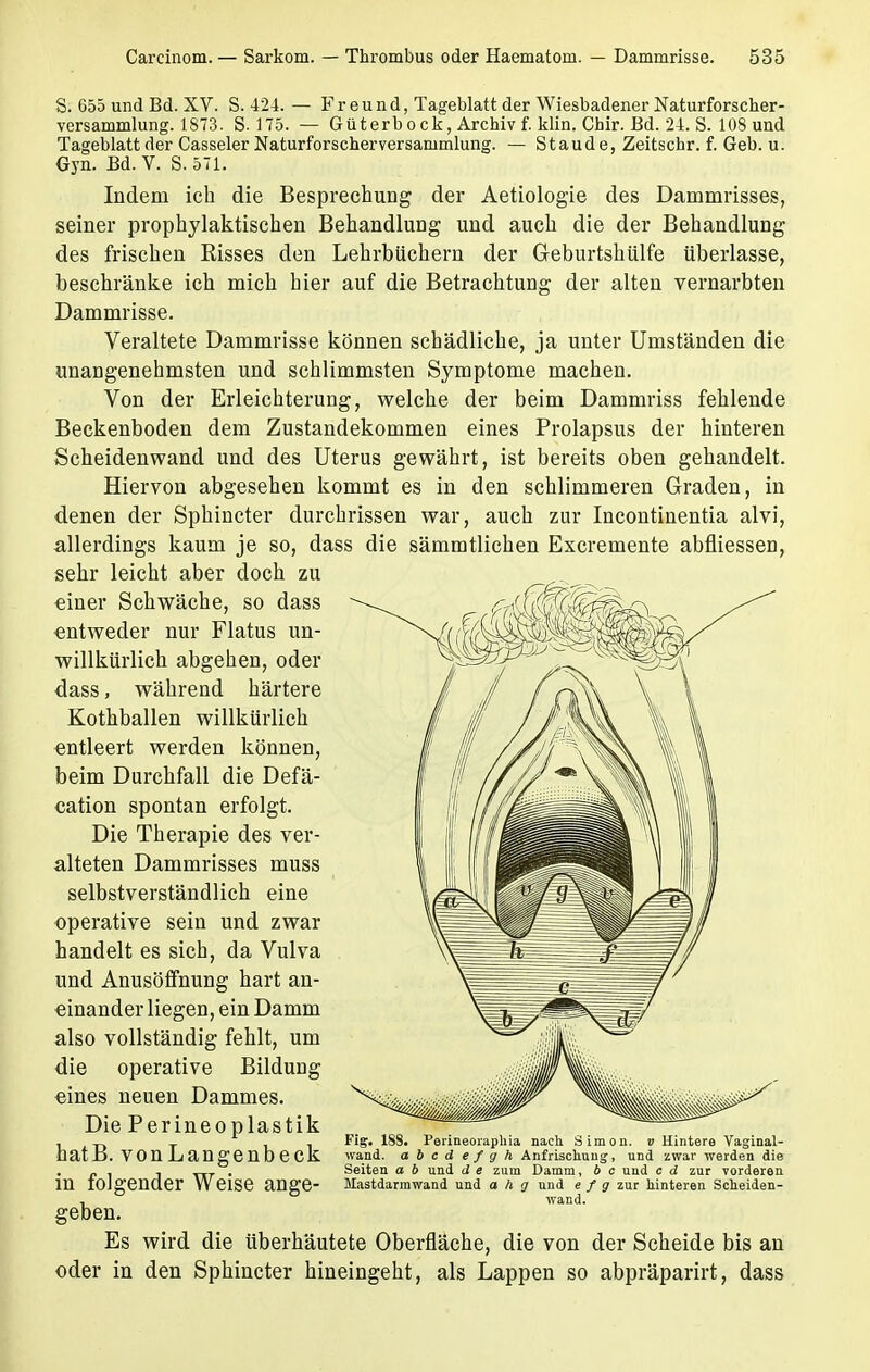 S. 655 und Bd. XV. S. 424. — Freund, Tageblatt der Wiesbadener Naturforscher- versammlung. 1873. S. 175. — Güterbock, Archiv f. klin. Chir. Bd. 24. S. 108 und Tageblatt der Casseler Naturforscherversammlung. — Staude, Zeitschr. f. Geb. u. Gyn. Bd. V. S. 571. Indem ich die Besprechung der Aetiologie des Dammrisses, seiner prophylaktischen Behandlung und auch die der Behandlung des frischen Risses den Lehrbüchern der Geburtshülfe überlasse, beschränke ich mich hier auf die Betrachtung der alten vernarbten Dammrisse. Veraltete Dammrisse können schädliche, ja unter Umständen die unangenehmsten und schlimmsten Symptome machen. Von der Erleichterung, welche der beim Dammriss fehlende Beckenboden dem Zustandekommen eines Prolapsus der hinteren Scheidenwand und des Uterus gewährt, ist bereits oben gehandelt. Hiervon abgesehen kommt es in den schlimmeren Graden, in denen der Sphincter durchrissen war, auch zur Incontinentia alvi, allerdings kaum je so, dass die sämmtlichen Excremente abfliessen, sehr leicht aber doch zu einer Schwäche, so dass entweder nur Flatus un- willkürlich abgehen, oder dass, während härtere Kothballen willkürlich entleert werden können, beim Durchfall die Defä- cation spontan erfolgt. Die Therapie des ver- alteten Dammrisses muss selbstverständlich eine operative sein und zwar handelt es sich, da Vulva und Anusöffnung hart an- einander liegen, ein Damm also vollständig fehlt, um die operative Bildung eines neuen Dammes. Die Perineoplastik , _ _ . Fig. 188. Perineoraphia nach Simon, v Hintere Vaginal- nat B. VOn L an ge n D e Ck wand, a b c d ef g h Anfrischuug, und zwar werden die ... . . Seiten a b und d e zum Damm, b c und c d zur vorderen m folgender Weise ange- Hastdarrawand und a h g und efg zur hinteren Scheiden- . wand. geben. Es wird die überhäutete Oberfläche, die von der Scheide bis an oder in den Sphincter hineingeht, als Lappen so abpräparirt, dass