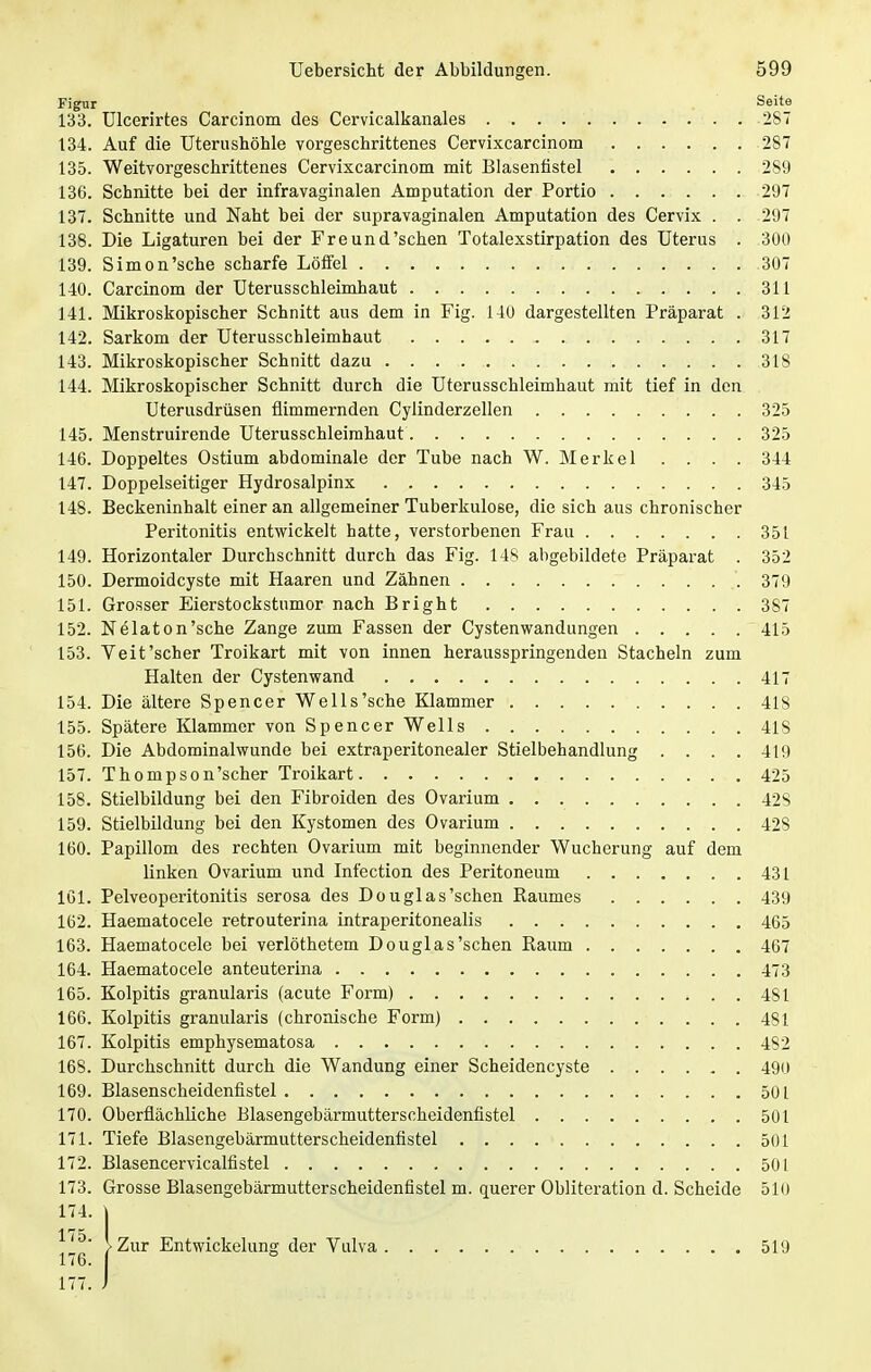 Figur Seite 133. Ulcerirtes Carcinom des Cervicalkanales 287 134. Auf die Uterushöhle vorgeschrittenes Cervixcarcinom 287 135. Weitvorgeschrittenes Cervixcarcinom mit Blasenfistel 289 136. Schnitte bei der infravaginalen Amputation der Portio 297 137. Schnitte und Naht bei der supravaginalen Amputation des Cervix . . 297 138. Die Ligaturen bei der Freund'sehen Totalexstirpation des Uterus . 300 139. Simon'sche scharfe Löffel 307 140. Carcinom der Uterusschleimhaut 311 141. Mikroskopischer Schnitt aus dem in Fig. 140 dargestellten Präparat . 312 142. Sarkom der Uterusschleimhaut 317 143. Mikroskopischer Schnitt dazu 318 144. Mikroskopischer Schnitt durch die Uterusschleimhaut mit tief in den Uterusdrüsen flimmernden Cylinderzellen 325 145. Menstruirende Uterusschleimhaut 325 146. Doppeltes Ostium abdominale der Tube nach W. Merkel . . . . 344 147. Doppelseitiger Hydrosalpinx 345 148. Beckeninhalt einer an allgemeiner Tuberkulose, die sich aus chronischer Peritonitis entwickelt hatte, verstorbenen Frau 351 149. Horizontaler Durchschnitt durch das Fig. 148 abgebildete Präparat . 352 150. Dermoidcyste mit Haaren und Zähnen 379 151. Grosser Eierstockstumor nach Bright 387 152. Nelaton'sche Zange zum Fassen der Cystenwandungen 415 153. Veit'scher Troikart mit von innen herausspringenden Stacheln zum Halten der Cystenwand 417 154. Die ältere Spencer Wells'sche Klammer 418 155. Spätere Klammer von Spencer Wells 418 156. Die Abdominalwunde bei extraperitonealer Stielbehandlung .... 419 157. Thompson'scher Troikart 425 158. Stielbildung bei den Fibroiden des Ovarium 428 159. Stielbildung bei den Kystomen des Ovarium 428 160. Papillom des rechten Ovarium mit beginnender Wucherung auf dem linken Ovarium und Infection des Peritoneum 43 t 161. Pelveoperitonitis serosa des Douglas'sehen Raumes 439 162. Haematocele retrouterina intraperitonealis 465 163. Haematocele bei verlöthetem Douglas'schen Raum 467 164. Haematocele anteuterina 473 165. Kolpitis granularis (acute Form) 481 166. Kolpitis granularis (chronische Form) 481 167. Kolpitis emphysematosa 482 168. Durchschnitt durch die Wandung einer Scheidencyste 490 169. Blasenscheidenfistel 50 L 170. Oberflächliche Blasengebärmutterscheidenfistel 501 171. Tiefe Blasengebärmutterscheidenfistel 501 172. Blasencervicalfistel 50 L 173. Grosse Blasengebärmutterscheidenfistel m. querer Obliteration d. Scheide 510 174. | >Zur Entwicklung der Vulva 519 176. I 177. J