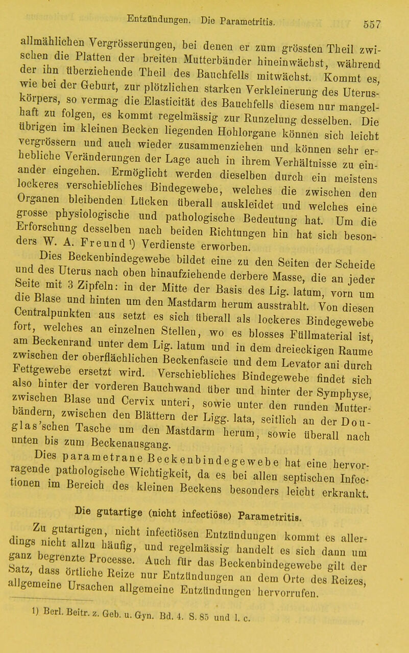 allmählichen Vergrößerungen, bei denen er zum grössten Theil zwi- schen die Platten der breiten Mutterbänder hineinwächst, während der ihn überziehende Theil des Bauchfells mitwächst, kommt es wie bei der Geburt, zur plötzlichen starken Verkleinerung des Uterus- korpers, so vermag die Elasticität des Bauchfells diesem nur mangel- haft zu folgen, w kommt regelmässig zur Kunzelung desselben. Die übrigen im kleinen Becken liegenden Hohlorgane können sich leicht vergrössern und auch wieder zusammenziehen und können sehr er- hebliche Veränderungen der Lage auch in ihrem Verhältnisse zu ein- ander eingehen Ermöglicht werden dieselben durch ein meistens lockeres verschiebliches Bindegewebe, welches die zwischen den Organen bleibenden Lücken überall auskleidet und welches eine grosse physiologische und pathologische Bedeutung hat. Um die Itw AgpeSSGlbfnrb b6iden Richtu^n hat sich beson- ders W. A. Freund t) Verdienste erworben und dDpleTTtB'CkenbiK dtgeTbe bUdet eiDe ZU den Seiten Scheide und des Uterus nach oben hinaufziehende derbere Masse, die an ieder £! BlaTe und F?'  *7 deS * ^ « die Blase und hinten um den Mastdarm herum ausstrahlt. Von diesen Centraipunkten aus setzt es sich überall als lockeres Bindegewebe fort welches an einzelnen Stellen, wo es blosses PüUmatSTiBt am Beckenrand unter dem Lig. latum und in dem dreieckigen Räume .wischen der oberflächlichen Beckenfascie und dem Levlt fani durch Fettgewebe ersetzt wird. Verschiebliches Bindegewebe findet s ch also hinter der vorderen Bauchwand über und hinter der Zphvse zwischen Blase und Ceiwix unten, sowie unter den T ! Blätt6rn der Li«8- lata> «eitlich ^iTl ,* ^'eS pametrane Beckenbindegewebe hat eine berror- onen tat? °tt T?** da 68 bd alka optischen nfe. turnen ,m Bere.ch des klemen Beekens besonders leicht erkrankt. Die gutartige (nioht infectiöse) Parametritis. dingsZnic\ataallfr|,--th' T08611 EatM^o kommt es aller, sZbelnn p S' U.ad reSelmteiS ^delt es sieb dann um Ste <lZTl uT886- AB°h fUr das Beckenbindegewebe gilt der allgemeine ü s' h T Entzto<^a - em Orte des Reizes allgemeine Ursachen allgemeine Entzündungen hervorrufen. D Berl. Beitr. z. Gob. u. Gyn. Bd. 4. S. 85 und 1. c.