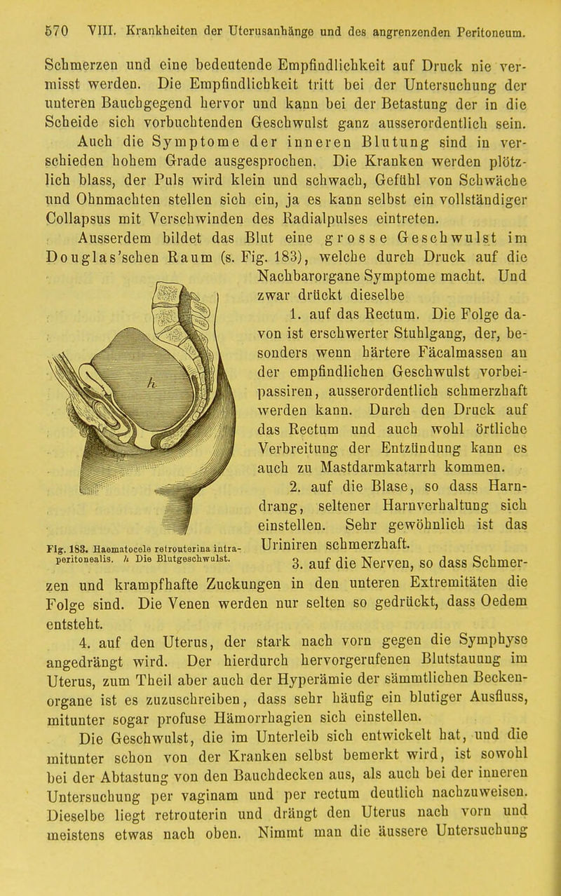 Schmerzen und eine bedeutende Empfindlichkeit auf Druck nie ver- misst werden. Die Empfindlichkeit tritt bei der Untersuchung der unteren Bauchgegend hervor und kann bei der Betastung der in die Scheide sich vorbuchtenden Geschwulst ganz ausserordentlich sein. Auch die Symptome der inneren Blutung sind in ver- schieden hohem Grade ausgesprochen. Die Kranken werden plötz- lich blass, der Puls wird klein und schwach, Gefühl von Schwäche und Ohnmächten stellen sich ein, ja es kann selbst ein vollständiger Collapsus mit Verschwinden des lladialpulses eintreten. Ausserdem bildet das Blut eine grosse Geschwulst im Douglas'schen Raum (s. Fig. 183), welche durch Druck auf die Nachbarorgane Symptome macht. Und zwar drückt dieselbe 1. auf das Rectum. Die Folge da- von ist erschwerter Stuhlgang, der, be- sonders wenn härtere Fäcalmassen an der empfindlichen Geschwulst vorbei- passiren, ausserordentlich schmerzhaft werden kann. Durch den Druck auf das Rectum und auch wohl örtliche Verbreitung der Entzündung kann es auch zu Mastdarmkatarrh kommen. 2. auf die Blase, so dass Harn- drang, seltener Harnverhaltung sich einstellen. Sehr gewöhnlich ist das Fig. 183. Haematocele retronterina intra- Uriniren Schmerzhaft, peritoneal, h Die Blutgeschwulst. 3 ^ diß JJeiTen, SO daSS Schmer- zen und krampfhafte Zuckungen in den unteren Extremitäten die Folge sind. Die Venen werden nur selten so gedrückt, dass Oedem entsteht. 4. auf den Uterus, der stark nach vorn gegen die Symphyse angedrängt wird. Der hierdurch hervorgerufenen Blutstauung im Uterus, zum Theil aber auch der Hyperämie der sämmtlichen Becken- organe ist es zuzuschreiben, dass sehr häufig ein blutiger Ausfluss, mitunter sogar profuse Hämorrhagien sich einstellen. Die Geschwulst, die im Unterleib sich entwickelt hat, und die mitunter schon von der Kranken selbst bemerkt wird, ist sowohl bei der Abtastung von den Bauchdecken aus, als auch bei der inneren Untersuchung per vaginam und per rectum deutlich nachzuweisen. Dieselbe liegt retrouterin und drängt den Uterus nach vorn und meistens etwas nach oben. Nimmt man die äussere Untersuchung