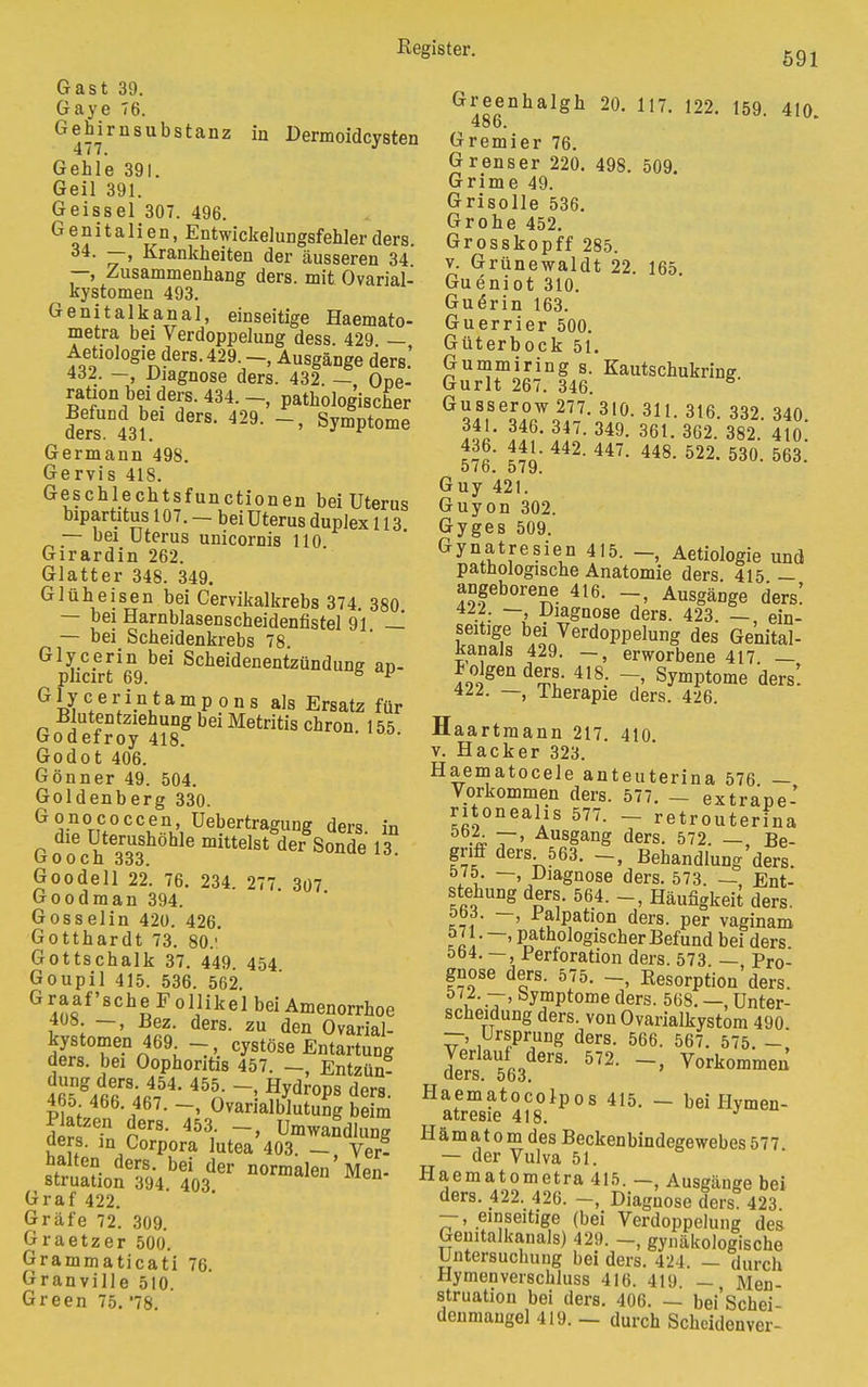 591 Gast 39. Gaye 76. Gehirnsubstanz in Dermoidcysten Gehle 39!. Geil 391. Geissei 307. 496. Genitalien, Entwickelungsfehler ders. 34. —-, Krankheiten der äusseren 34 —, Zusammenhang ders. mit Ovarial- kystomen 493. Genitalkanal, einseitige Haemato- metra bei Verdoppelung dess. 429 — Aetiologie ders. 429. —, Ausgänge ders.' 432. —, Diagnose ders. 432. — Ope- ration bei ders. 434. pathologischer Iis ML 6rS- 429- ~» ^Ptome Germann 498. Gervis 418. Geschlechtsfunctionen bei Uterus bipartitus 107. — bei Uterus duplex 113 — bei Uterus unicornis 110 Girardin 262. Glatter 348. 349. Glüheisen bei Cervikalkrebs 374. 380 — bei Harnblasenscheidenfistel 91 — — bei Scheidenkrebs 78. Glycerin bei Scheidenentzündung ap- phcirt 69. 8 y G1 y c e rint a m p o n s als Ersatz für -Blutentziehung bei Metritis chron. 155 Godefroy 418. Godot 406. Gönner 49. 504. Goldenberg 330. G o n o c o c c e n, Uebertragung ders in Gooch 3^ 16 mitt6lSt der Sonde 13- Goodell 22. 76. 234. 277. 307 Goodman 394. Gosselin 420. 426. Gotthardt 73. 80.' Gottschalk 37. 449 454 Goupil 415. 536. 562. G^fiaf'8ChuFol1likelbeiAmenorrhoe 408. —, Bez. ders. zu den Ovarial- kystomen 469 - cystöse Entartung ders. bei Oophoritis 457. —, Entzün- P& 4 6' i 67' T1 0varialblutung beim dij?T rers- 453,- -> Umwandlung ders. in Corpora lutea 403. — Ver- halten ders. bei der normalen' Men- struation 394 403 Graf 422. Gräfe 72. 309. Graetzer 500. Grammaticati 76. Granville 510. Green 75. '78. Greenhalgh 20. 117. 122. 159 410 486. Gremier 76. Grenser 220. 498. 509. Grime 49. Grisolle 536. Grohe 452. Grosskopff 285. v. Grünewaldt 22. 165 Gueniot 310. Gue*rin 163. Guerrier 500. Güterbock 51. Gummiring s. Kautschukring Gurlt 267. 346. G^8.Se^°rWo2,l7- 3l0- 31L 316' 332- 340. 341. 346. 347. 349. 361. 362. 382. 410 fnl' in\- 442> 447' 448- 522- 530. 563.' ovo. 579. Guy 421. Guyon 302. Gyges 509. Gynatresien 415. -, Aetiologie und pathologische Anatomie ders. 415 — angeborene 416. -, Ausgänge ders! 422. —, Diagnose ders. 423. — ein- seitige bei Verdoppelung des Genital- Kanals 429. —, erworbene 417 — folgen ders 418. Symptome ders! 422. — Iherapie ders. 426. Haartmann 217. 410. v. Hacker 323. Haematocele anteuterina 576 — Vorkommen ders. 577. — extrape- ritonealis 577. _ retrouterina 4 7' Ausgang ders. 572. —, Be- fff ders 563. Behandlung ders. b]b- ~»Diagnose ders. 573. —, Ent- stehung ders. 564. Häufigkeit ders. K?r ~' ^Pation ders. per vaginam Ha''~ Pnathologischer Befund bei ders. 564. —, Perforation ders. 573. —, Pro- gnose ders. 575. -, Resorption ders. u -T' bymPtome ders. 568. —, Unter- scheidung ders. von Ovarialkystom 490 —, Ursprung ders. 566. 567. 575. -, Jet^ V0rk«ü Haematocolpos 415. - bei Hymen- atresie 418. Hämatom des Beckenbindegewebes577 — der Vulva 51. Haematometra 415. —, Ausgänge bei ders. 422. 426. -, Diagnose ders 423 —, einseitige (bei Verdoppelung des Genitalkanals) 429. -, gynäkologische Untersuchung bei ders. 424. - durch Hymenverschluss 416. 419. — Men- struation bei ders. 406. — bei'Schei- deumangel 419. — durch Schcidenver-