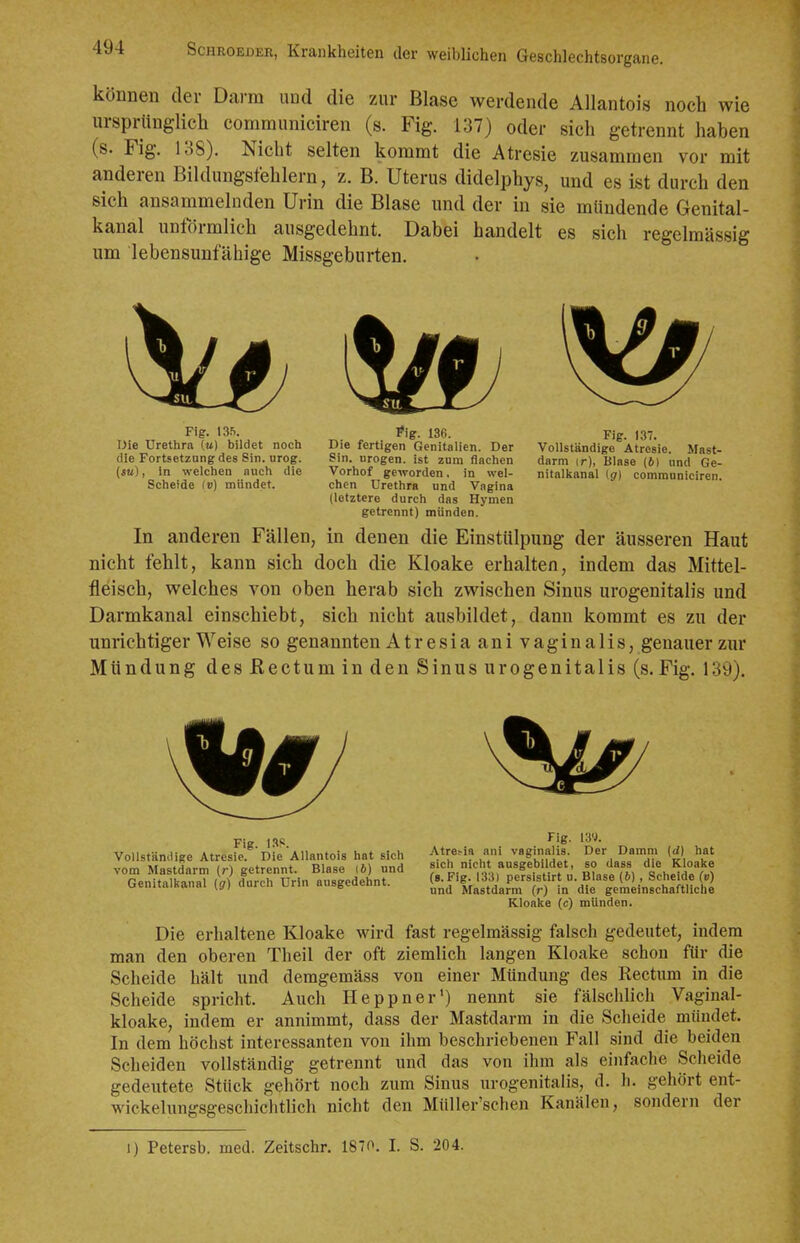 können der Darm und die zur Blase werdende Allantois noch wie ursprünglich communiciren (s. Fig. 137) oder sich getrennt haben (s. Fig. 138). Nicht selten kommt die Atresie zusammen vor mit anderen Bildungsfehlern, z. B. Uterus didelphys, und es ist durch den sich ansammelnden Urin die Blase und der in sie mündende Genital- kanal unförmlich ausgedehnt. Dabei handelt es sich regelmässig um lebensunfähige Missgeburten. ^ Fig. 13f>. Oie Urethra Cm) bildet noch die Fortsetzung des Sin. urog. (s«), in welchen auch die Scheide Iv) mündet. Pig. 136. Die fertigen Genitalien. Der Sin. urogen. ist zum flachen Vorhof geworden. in wel- chen Urethra und Vagina (letztere durch das Hymen getrennt) münden. Fig. 137. Vollständige Ätresie. Mast- darm ir), Blase (6) und Ge- nitalkanal ig) communiciren. In anderen Fällen, in denen die Einstülpung der äusseren Haut nicht fehlt, kann sich doch die Kloake erhalten, indem das Mittel- fleisch, welches von oben herab sich zwischen Sinus urogenitalis und Darmkanal einschiebt, sich nicht ausbildet, dann kommt es zu der unrichtiger Weise so genannten Atresiaanivaginalis, genauer zur Mündung des Rectum in den Sinus urogenitalis (s.Fig. 139). Fig. I3S. Vollstämiige Atresie. Die Allantois hat sich vom Mastdarm (r) getrennt. Blase |6) und Genitalbanal (?) durch Urin ausgedehnt. Fig. i3y. Atre.-ia ani vaginalis. Der Damm (d) hat sich nicht ausgebildet, so dass die Kloake (g. Fig. 1331 persistirt u. Blase (b) , Scheide (e) und Mastdarm (r) in die gemeinschartUche Kloake (c) münden. Die erhaltene Kloake wird fast regelmässig falsch gedeutet, indem man den oberen Theil der oft ziemlich langen Kloake schon für die Scheide hält und demgemäss von einer Mündung des Rectum in die Scheide spricht. Auch Reppner') nennt sie fälschlich Vaginal- kloake, indem er annimmt, dass der Mastdarm in die Scheide mündet. In dem höchst interessanten von ihm beschriebenen Fall sind die beiden Scheiden vollständig getrennt und das von ihm als einfache Scheide gedeutete Stück gehört noch zum Sinus urogenitalis, d. h. gehört ent- wickehmgsgeschichtlich nicht den Müller'schen Kanälen, sondern der 1) Petersb. med. Zeitschr. 1870. I. S. 204.