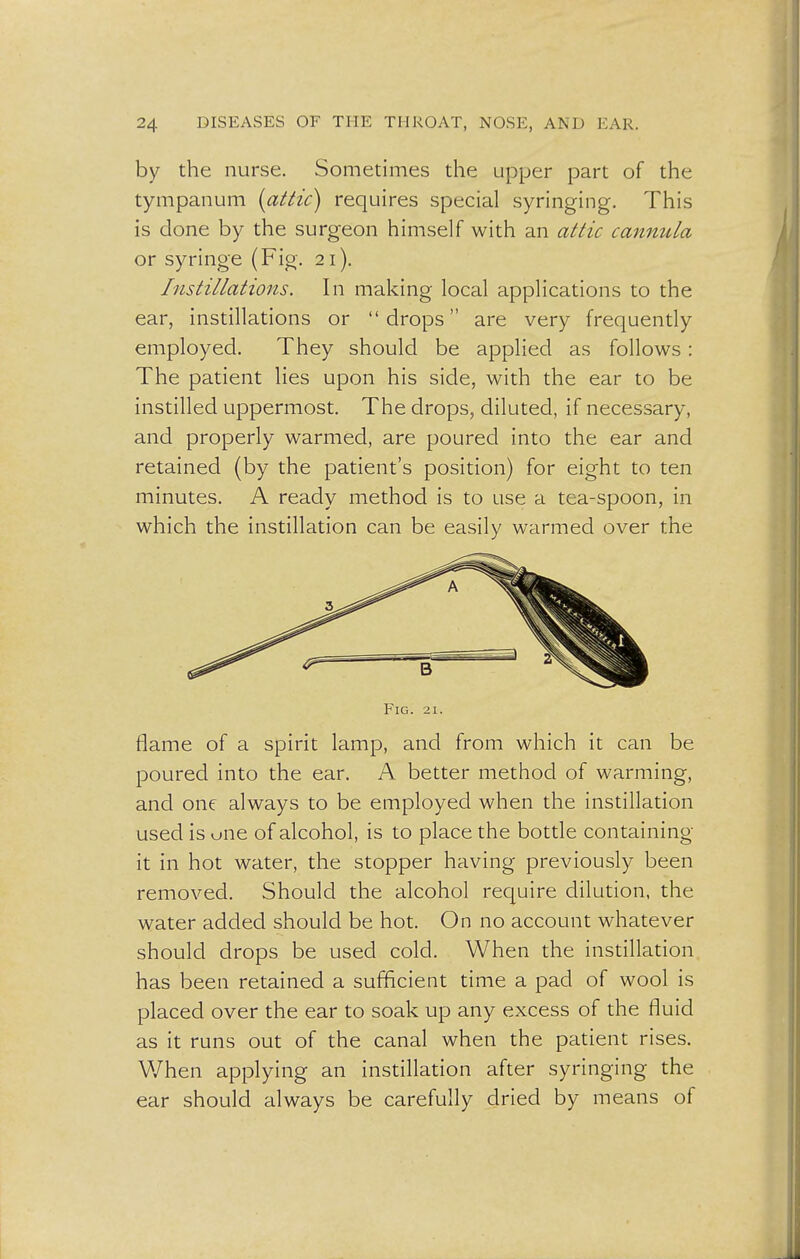 by the nurse. Sometimes the upper part of the tympanum [attic) requires special syringing. This is done by the surgeon himself with an attic cannula or syringe (Fig. 21). Instillations. In making local applications to the ear, instillations or drops are very frequently employed. They should be applied as follows: The patient lies upon his side, with the ear to be instilled uppermost. The drops, diluted, if necessary, and properly warmed, are poured into the ear and retained (by the patient's position) for eight to ten minutes. A ready method is to use a tea-spoon, in which the instillation can be easily warmed over the Fig. 21. flame of a spirit lamp, and from which it can be poured into the ear. A better method of warming, and one always to be employed when the instillation used is one of alcohol, is to place the bottle containing it in hot water, the stopper having previously been removed. Should the alcohol require dilution, the water added should be hot. On no account whatever should drops be used cold. When the instillation has been retained a sufficient time a pad of wool is placed over the ear to soak up any excess of the fluid as it runs out of the canal when the patient rises. When applying an instillation after syringing the ear should always be carefully dried by means of