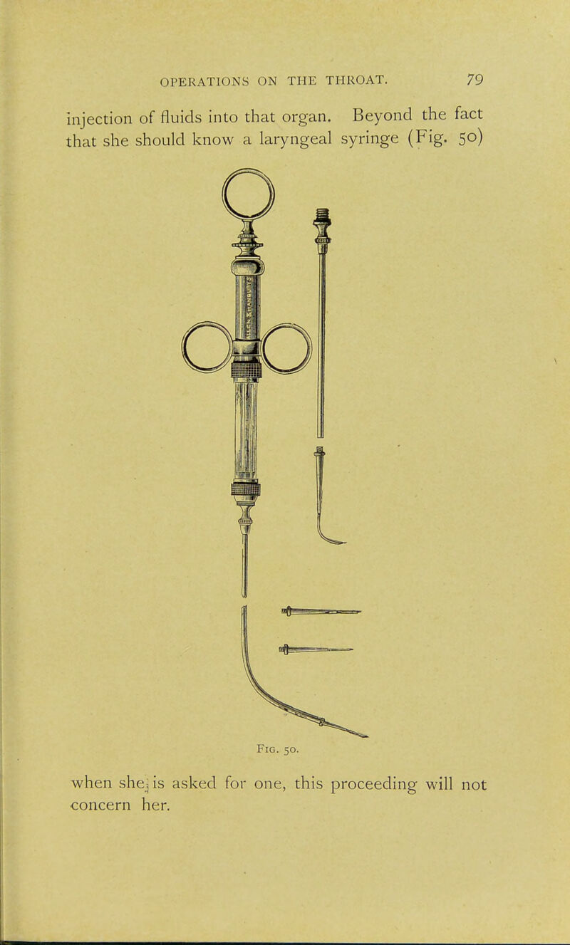 injection of fluids into that organ. Beyond the fact that she should know a laryngeal syringe (Fig. 50) Fig. 50. when shej is asked for one, this proceeding will not concern her.