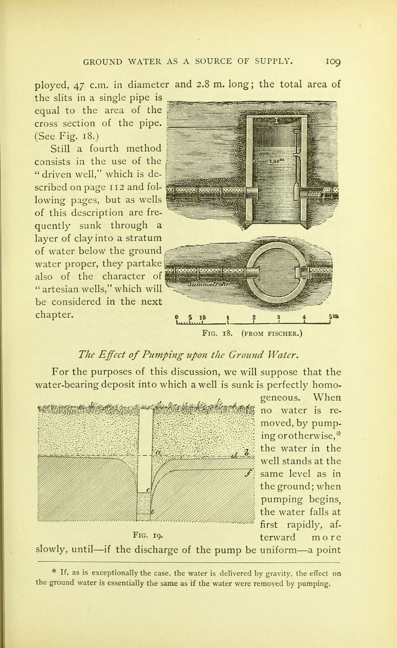ployed, 47 cm. in diameter and 2.8 m. long; the total area of the slits in a single pipe is equal to the area of the cross section of the pipe. (See Fig. 18.) Still a fourth method consists in the use of the  driven well, which is de- scribed on page 112 and fol- lowing pages, but as wells of this description are fre- quently sunk through a layer of clay into a stratum of water below the ground, water proper, they partake also of the character of  artesian wells, which will be considered in the next chapter. 5m j Fig. 18. (from fischer.) The Effect of Pumping upon the Ground Water. For the purposes of this discussion, we will suppose that the water-bearing deposit into which a well is sunk is perfectly homo- , geneous. When no water is re- moved, by pump- ing orotherwise,'* the water in the well stands at the </; same level as in the ground; when pumping begins, the water falls at first rapidly, af- terward more Fig. 19. slowly, until—if the discharge of the pump be uniform—a point * If, as is exceptionally the case, the water is delivered by gravity, the effect on the ground water is essentially the same as if the water were removed by pumping.