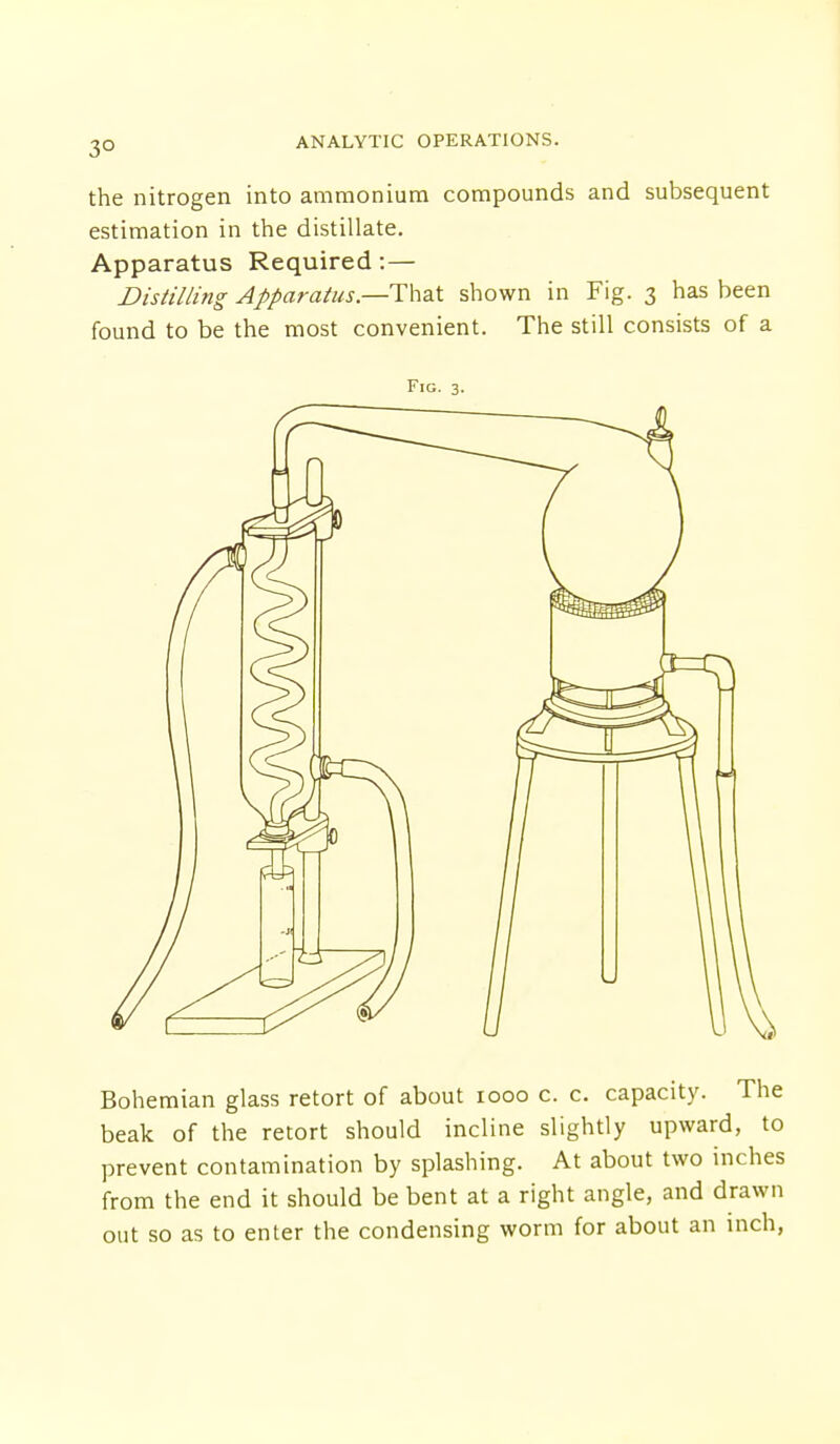 the nitrogen into ammonium compounds and subsequent estimation in the distillate. Apparatus Required: — Distilling Apparatus—That shown in Fig. 3 has been found to be the most convenient. The still consists of a Fig. 3. Bohemian glass retort of about 1000 c. c. capacity. The beak of the retort should incline slightly upward, to prevent contamination by splashing. At about two inches from the end it should be bent at a right angle, and drawn out so as to enter the condensing worm for about an inch,