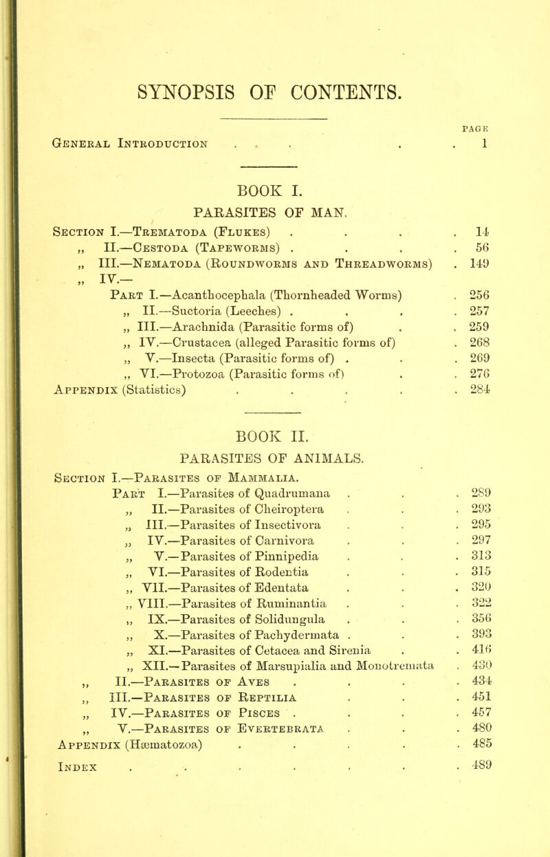 SYNOPSIS OE CONTENTS. PAGE General Introduction ... . 1 BOOK I. PARASITES OF MAN. Section I.—Trematoda (Flukes) . . . . 14 „ II.—Cestoda (Tapeworms) . . . .56 „ III.—Nematoda (Roundworms and Threadworms) . 149 „ IV.- Part I.—Acanthocephala (Thornheaded Worms) . 256 „ II.—Suctoria (Leeches) .... 257 „ III.—Arachnida (Parasitic forms of) . . 259 „ IV.—Crustacea (alleged Parasitic forms of) . 268 „ V.—Insecta (Parasitic forms of) . . . 269 ,, VI.—Protozoa (Parasitic forms of) . . 276 Appendix (Statistics) ..... 284 BOOK II. PARASITES OF ANIMALS. Section I.—Parasites of Mammalia. Part I.—Parasites of Quadrumana . . . 2S9 „ II.—Parasites of Cheiroptera . . . 293 III.—Parasites of Insectivora . . . 295 55 IY.—Parasites of Carnivora . . . 297 „ V.— Parasites of Pinnipedia . . . 313 „ VI.—Parasites of Rodentia . . . 315 „ VII.—Parasites of Edentata . . . 320 „ VIII.—Parasites of Ruminantia . . . 322 „ IX.—Parasites of Solidungula . . . 356 „ X.—Parasites of Pachydermata . . . 393 „ XI.—Parasites of Cetacea and Sirenia . . 416 „ XII.— Parasites of Marsupialia and Monotremata . 430 „ II.—Parasites of Aves .... 434 III.—Parasites oe Reptilia . . . 451 „ IV.—Parasites of Pisces .... 457 ,, V.—Parasites of Evertebrata . . . 480 Appendix (Hsgmatozoa) . 485 Index ........ 489