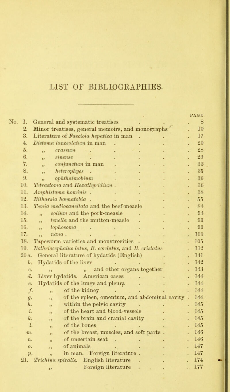 LIST OF BIBLIOGRAPHIES. PAG B No. 1. General and systematic treatises 2. Minor treatises, general memoirs, and monographs 3. Literature of Fasciola hepatica in man . 4. Distoma lanceolatum in man 5. „ crassam 6. „ sinense 7. ,, conjunctum in man 8. ,, heterophy cs . 9. ,, ophthahnobium 10. Tetrastoma and Hexathyridium . 11. Amphistoma hominis . 12. Bilharzia hcematobia . 13. Taenia mediocanellata and the beef-measle 14. „ solium and the pork-measle 15. tenella and the mutton-measle 16. „ lophosoma 17. ,, nana .... 18. Tapeworm varieties and monstrosities . 19. Bothriocephalic latus, B. cordatus, and I?, crislatus 20 a. General literature of hydatids (English) b. Hydatids of the liver c. „ and other organs together d. Liver hydatids. American cases e. Hydatids of the lungs and pleura /. „ of the kidney g. of the spleen, omentum, and abdominal cavity h. ,, within the pelvic cavity i. ,, of the heart and blood-vessels h. „ of the brain and cranial cavity I. „ of the bones m. ,, of the breast, muscles, and soft parts n. „ of uncertain seat o. „ of animals p. in man. Foreign literature . 21. Trichina spiralis. English literature „ Foreign literature