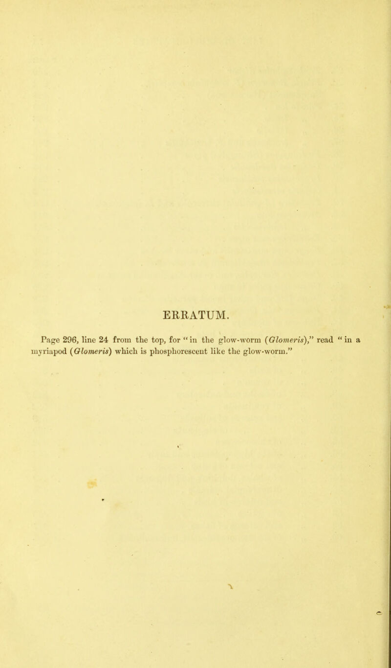 ERRATUM. Page 296, line 24 from the top, for  in the glow-worm (Glomeris) read  in a myriapod (Olomeris) which is phosphorescent like the glow-worm. -