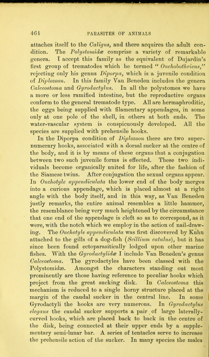 attaches itself to the Caligus, and there acquires the adult con- dition. The Polystomida comprise a variety of remarkable genera. T accept this family as the equivalent of Dujardin's first group of trematodes which he termed Onchobothriens, rejecting only his genus Diporpa, which is a juvenile condition of Diplozoon. In this family Van Beneden includes the genera Galceostoma and Gyrodactylus. In all the polystomes we have a more or less ramified intestine, but the reproductive organs conform to the general trematode type. All are hermaphroditic, the eggs being supplied with filamentary appendages, in some only at one pole of the shell, in others at both ends. The water-vascular system is conspicuously developed. All the species are supplied with prehensile hooks. In the Diporpa condition of Diplozoon there are two super- numerary hooks, associated with a dorsal sucker at the centre of the body, and it is by means of these organs that a conjugation between two such juvenile forms is effected. These two indi- viduals become organically united for life, after the fashion of the Siamese twins. After conjugation the sexual organs appear. In Onchotyle appendiculata the lower end of the body merges into a curious appendage, which is placed almost at a right angle with the body itself, and in this way, as Van Beneden justly remarks, the entire animal resembles a little hammer, the resemblance being very much heightened by the circumstance that one end of the appendage is cleft so as to correspond, as it were, with the notch which we employ in the action of nail-draw- ing. The Onchotyle appendiculata was first discovered by Kuhn attached to the gills of a dog-fish (Scillium catulus), but it has since been found ectoparasitically lodged upon other marine fishes. With the Gyrodactylidce I include Van Beneden's genus Galceostoma. The gyrodactyles have been classed with the Polystomidae. Amongst the characters standing out most prominently are those having reference to peculiar hooks which project from the great sucking disk. In Galceostoma this mechanism is reduced to a single horny structure placed at the margin of the caudal sucker in the central line. In some Gyrodactyli the hooks are very numerous. In Gyrodactylus elegans the caudal sucker supports a pair of large laterally- curved hooks, which are placed back to back in the centre of the disk, being connected at their upper ends by a supple- mentary semi-lunar bar. A series of tentacles serve to increase the prehensile action of the sucker. In many species the males